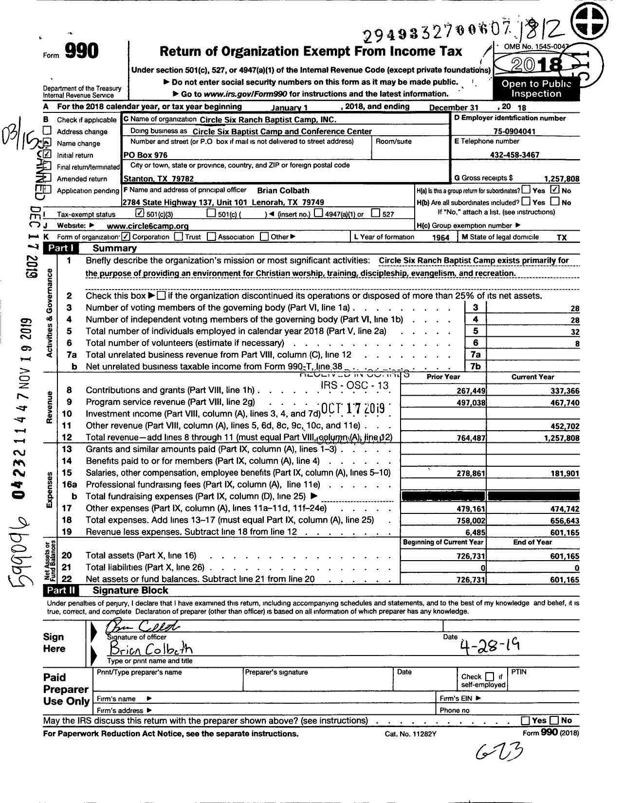 Image of first page of 2018 Form 990 for Circle Six Baptist Camp and Conf Cent