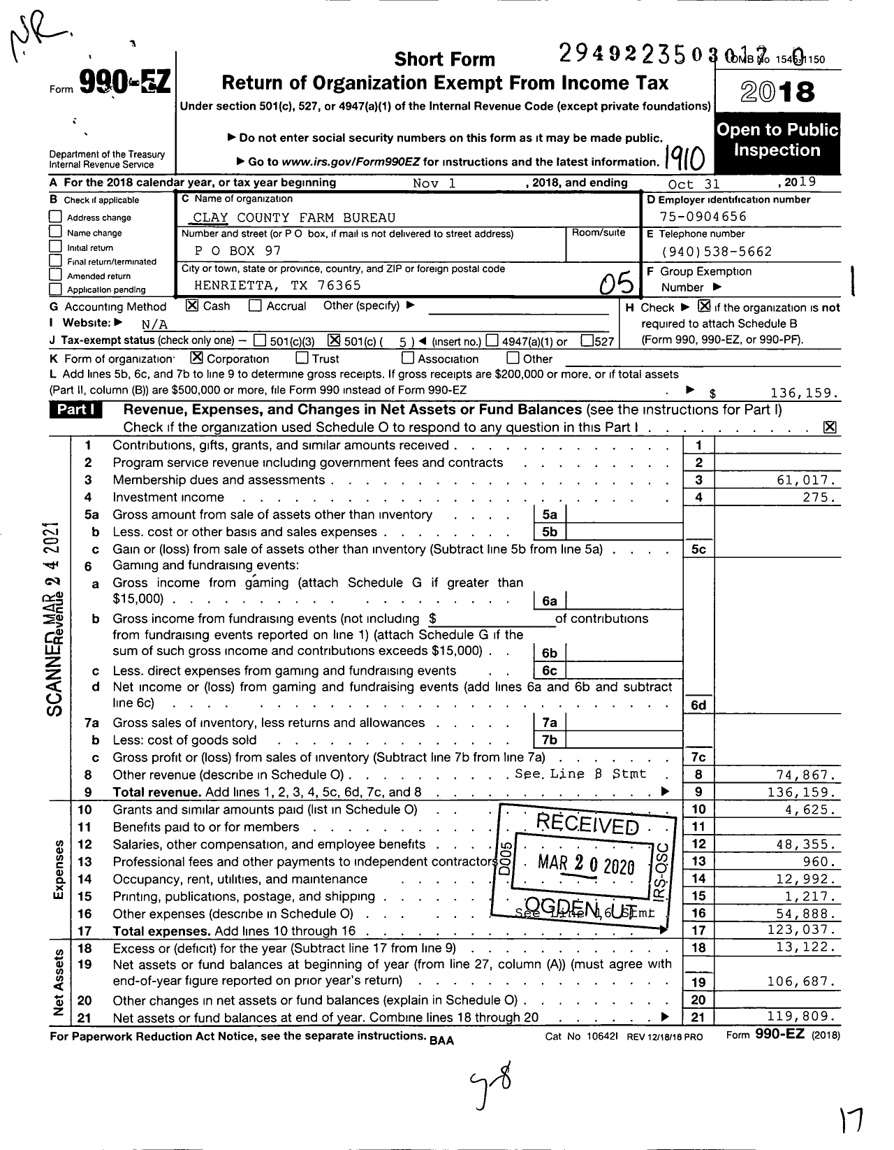 Image of first page of 2018 Form 990EO for Clay County Farm Bureau