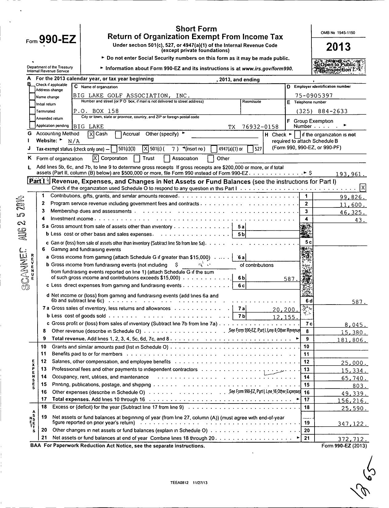 Image of first page of 2013 Form 990EO for Big Lake Golf Association