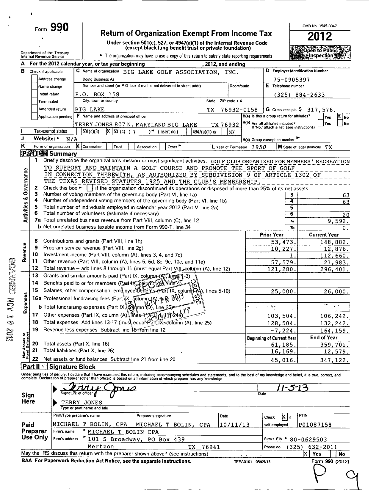 Image of first page of 2012 Form 990O for Big Lake Golf Association