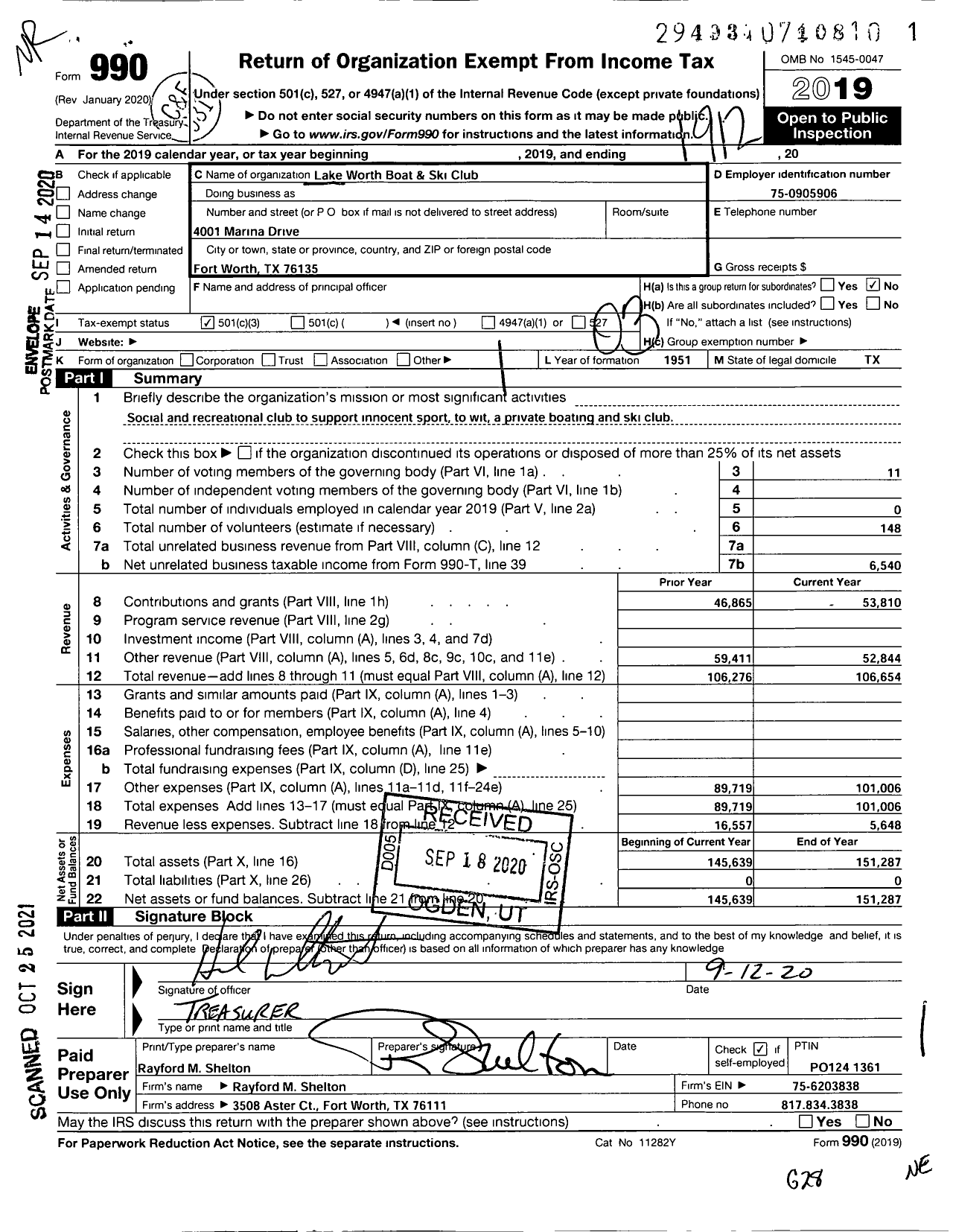 Image of first page of 2019 Form 990 for Lake Worth Boating and Ski Club