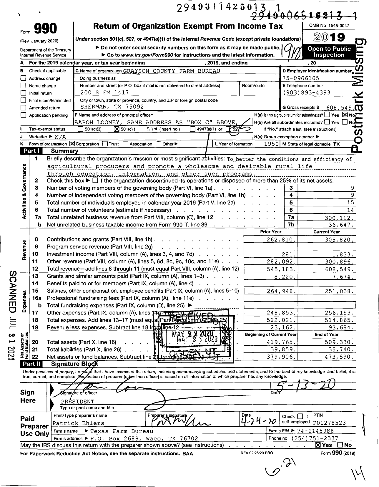 Image of first page of 2019 Form 990O for Grayson County Farm Bureau