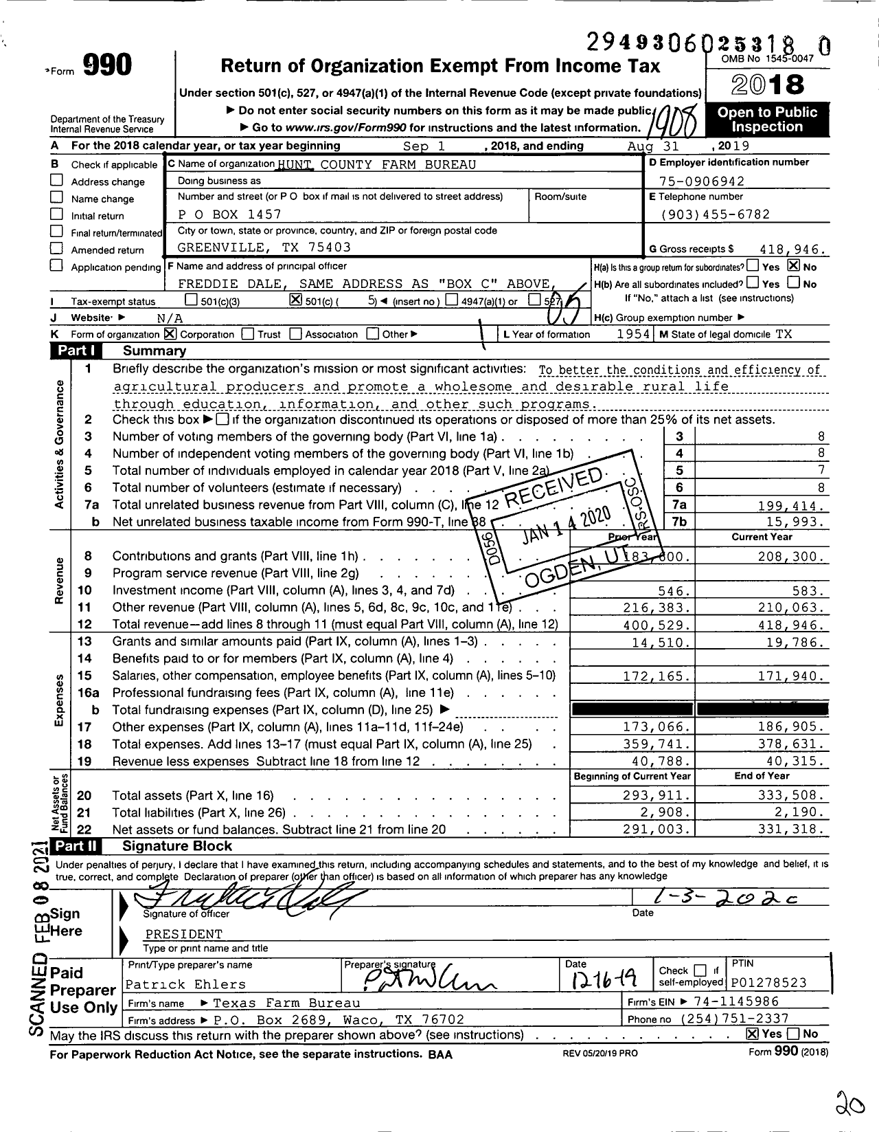 Image of first page of 2018 Form 990O for Hunt County Farm Bureau