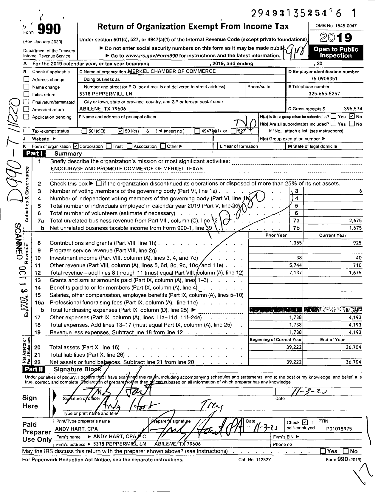 Image of first page of 2019 Form 990O for Merkel Chamber of Commerce