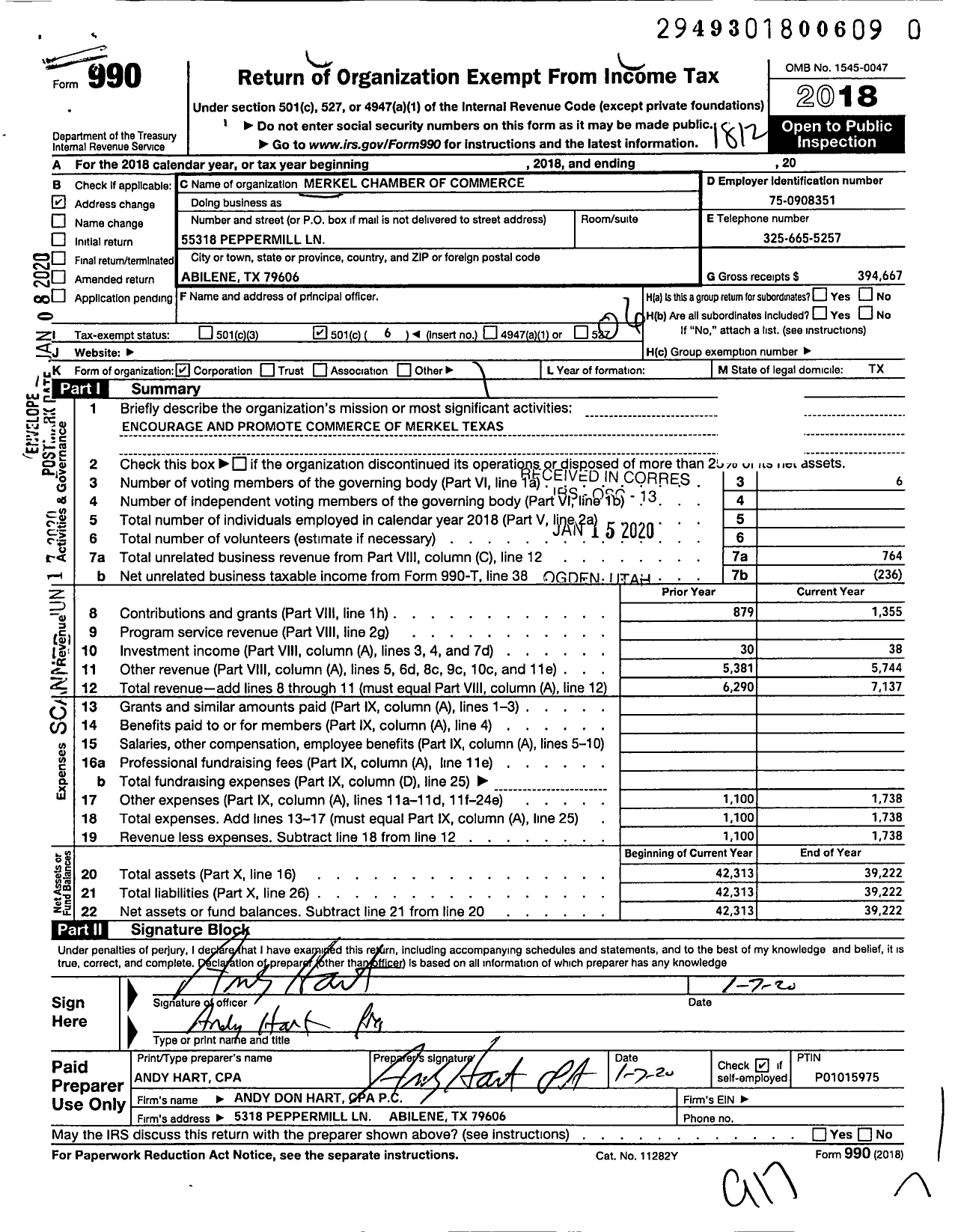 Image of first page of 2018 Form 990O for Merkel Chamber of Commerce