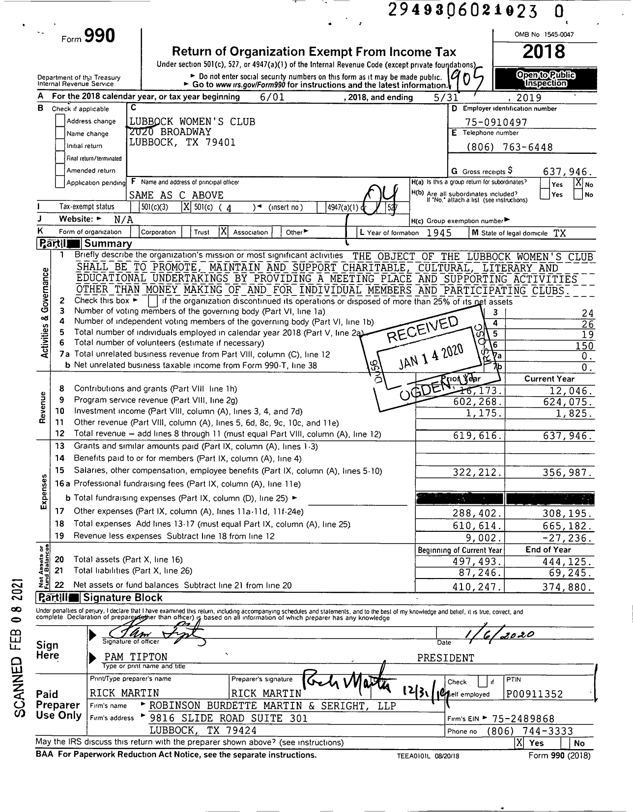 Image of first page of 2018 Form 990O for Lubbock Women's Club