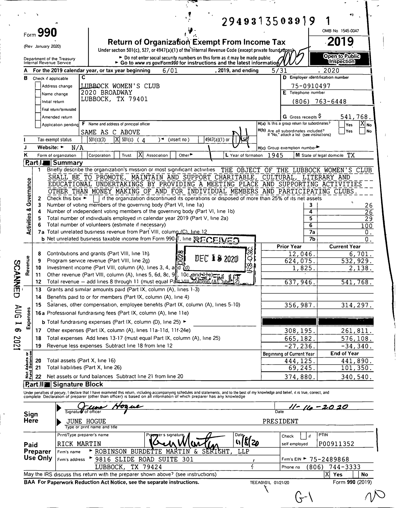 Image of first page of 2019 Form 990O for Lubbock Women's Club