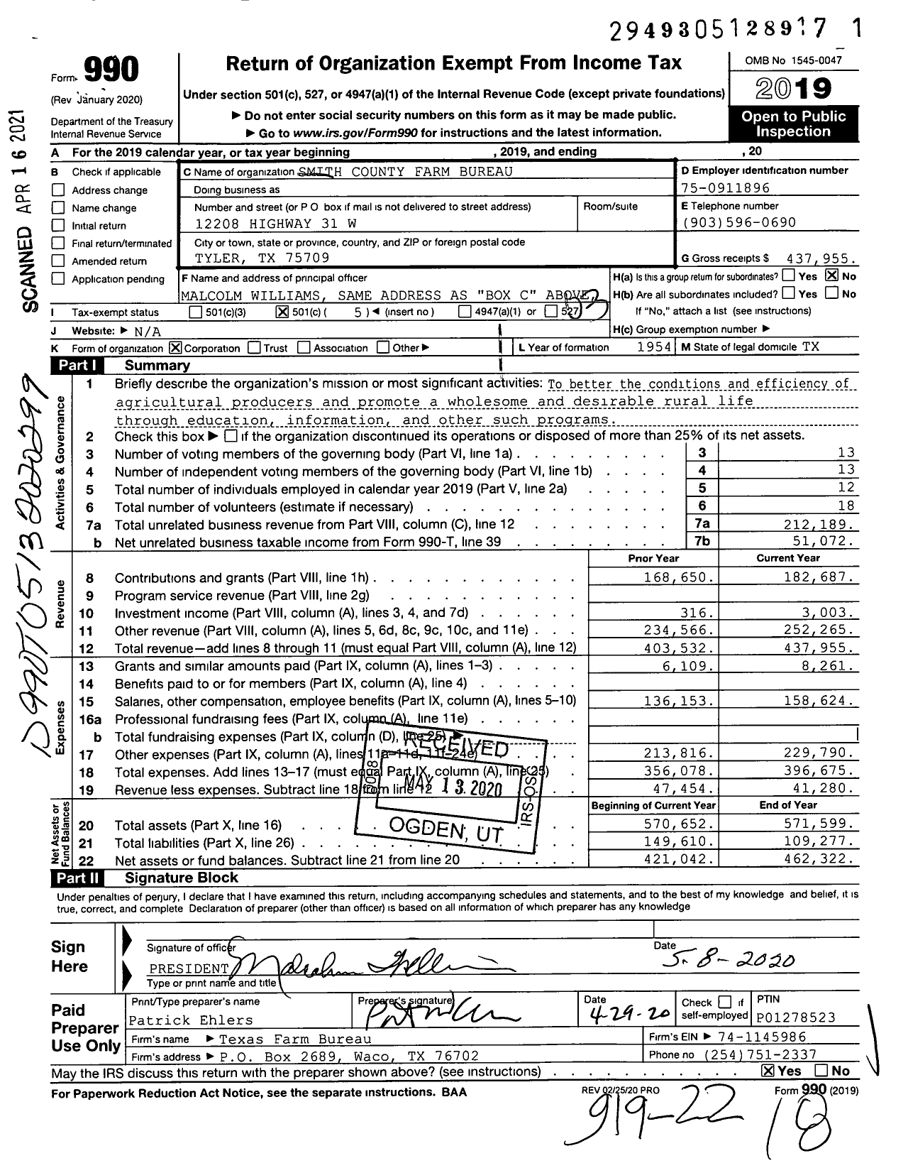 Image of first page of 2019 Form 990 for Smith County Farm Bureau