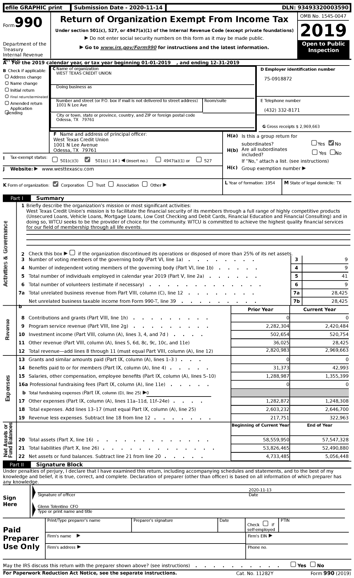 Image of first page of 2019 Form 990 for West Texas Educators Credit Union