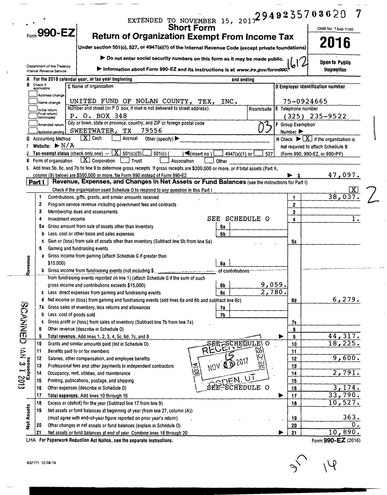 Image of first page of 2016 Form 990EZ for United Fund of Nolan County Tex