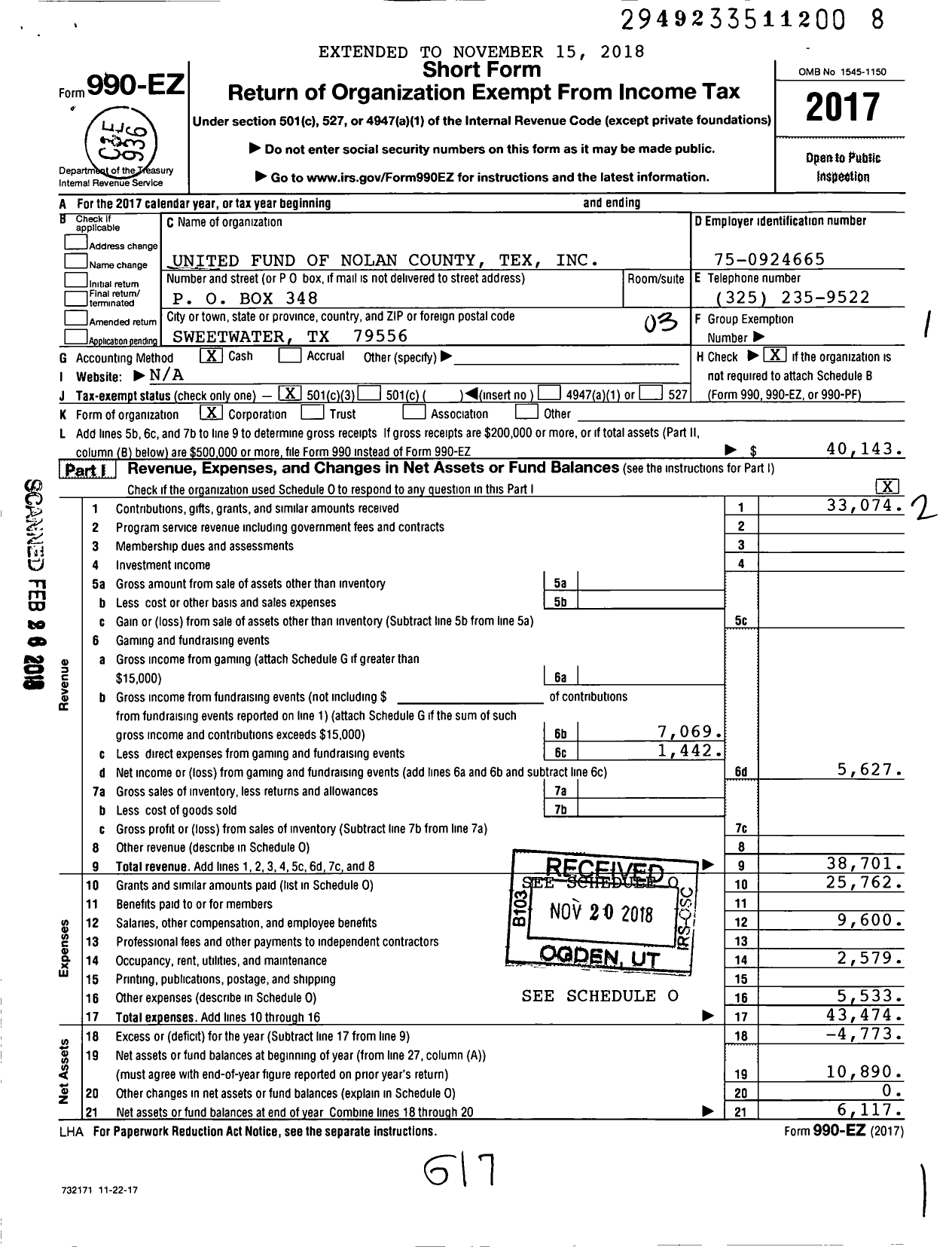 Image of first page of 2017 Form 990EZ for United Fund of Nolan County Tex