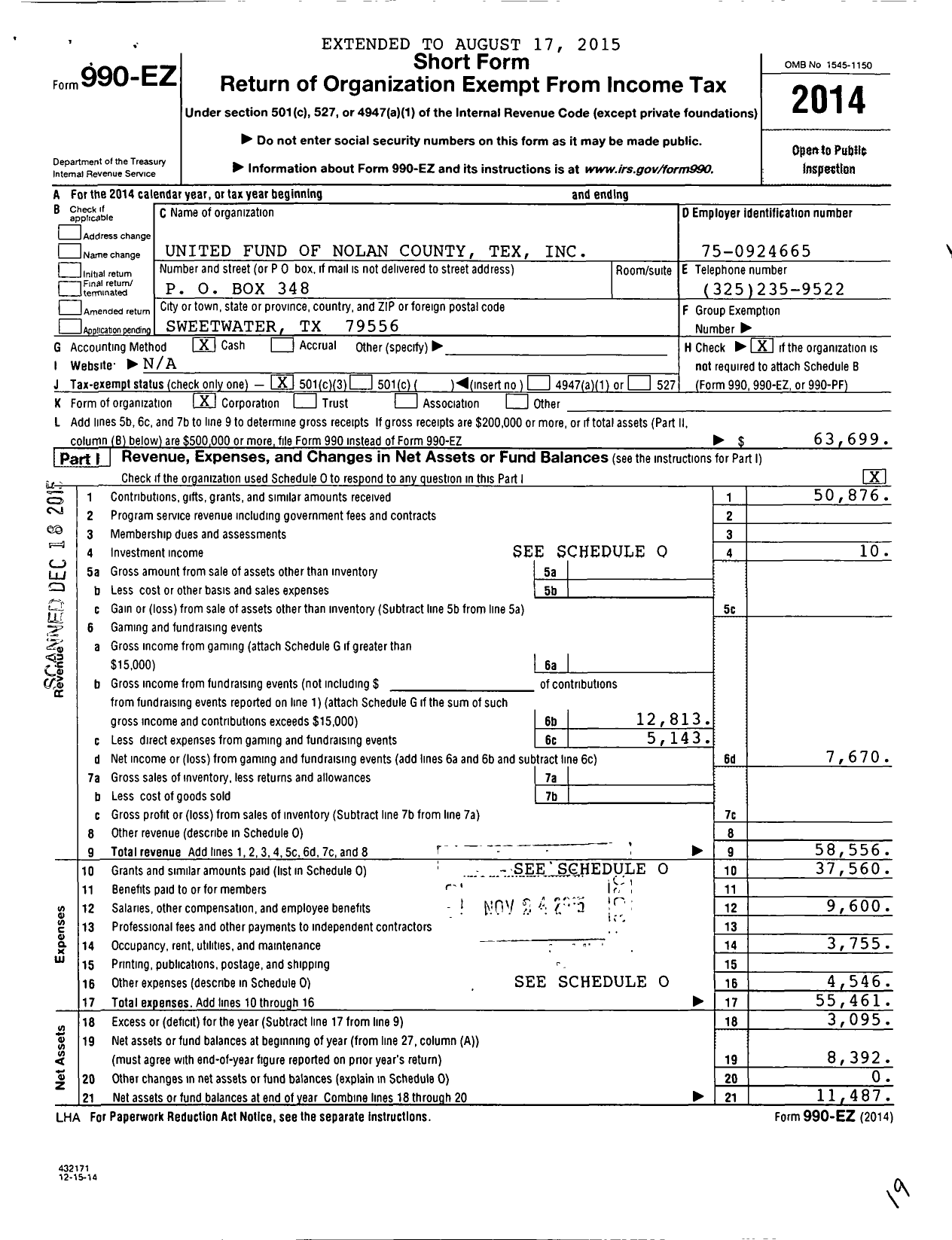 Image of first page of 2014 Form 990EZ for United Fund of Nolan County Tex