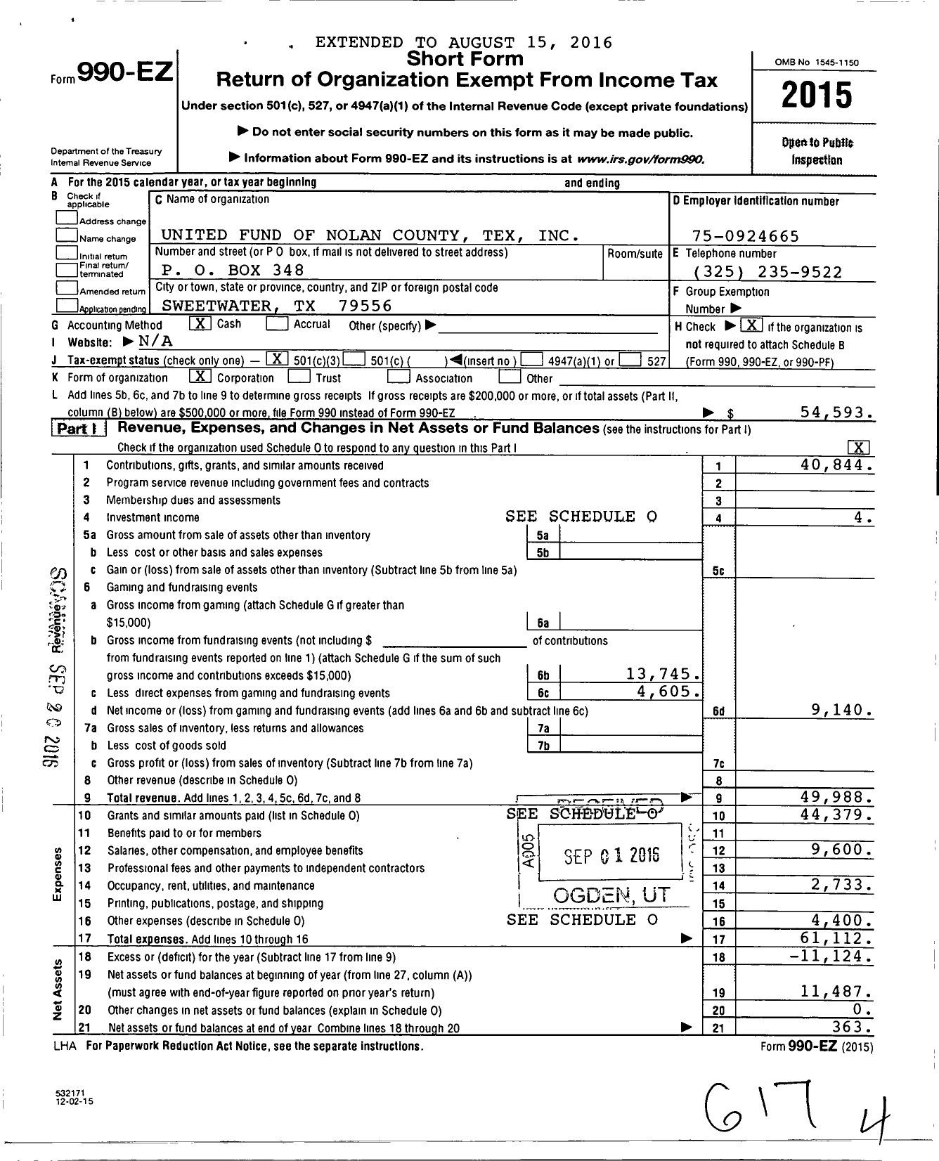 Image of first page of 2015 Form 990EZ for United Fund of Nolan County Tex