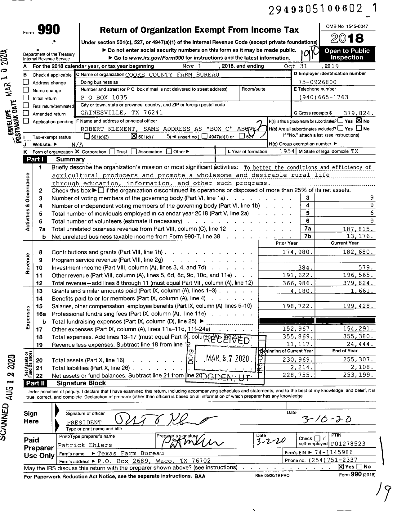 Image of first page of 2018 Form 990 for Cooke County Farm Bureau