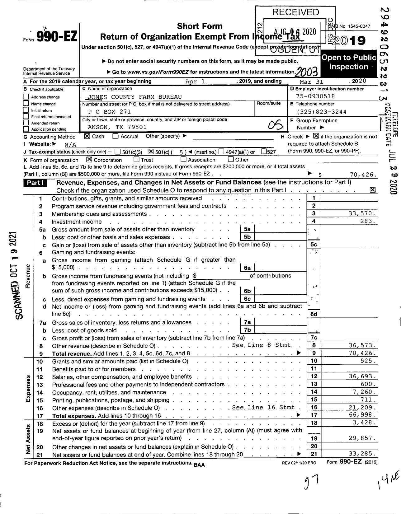 Image of first page of 2019 Form 990EO for Jones County Farm Bureau