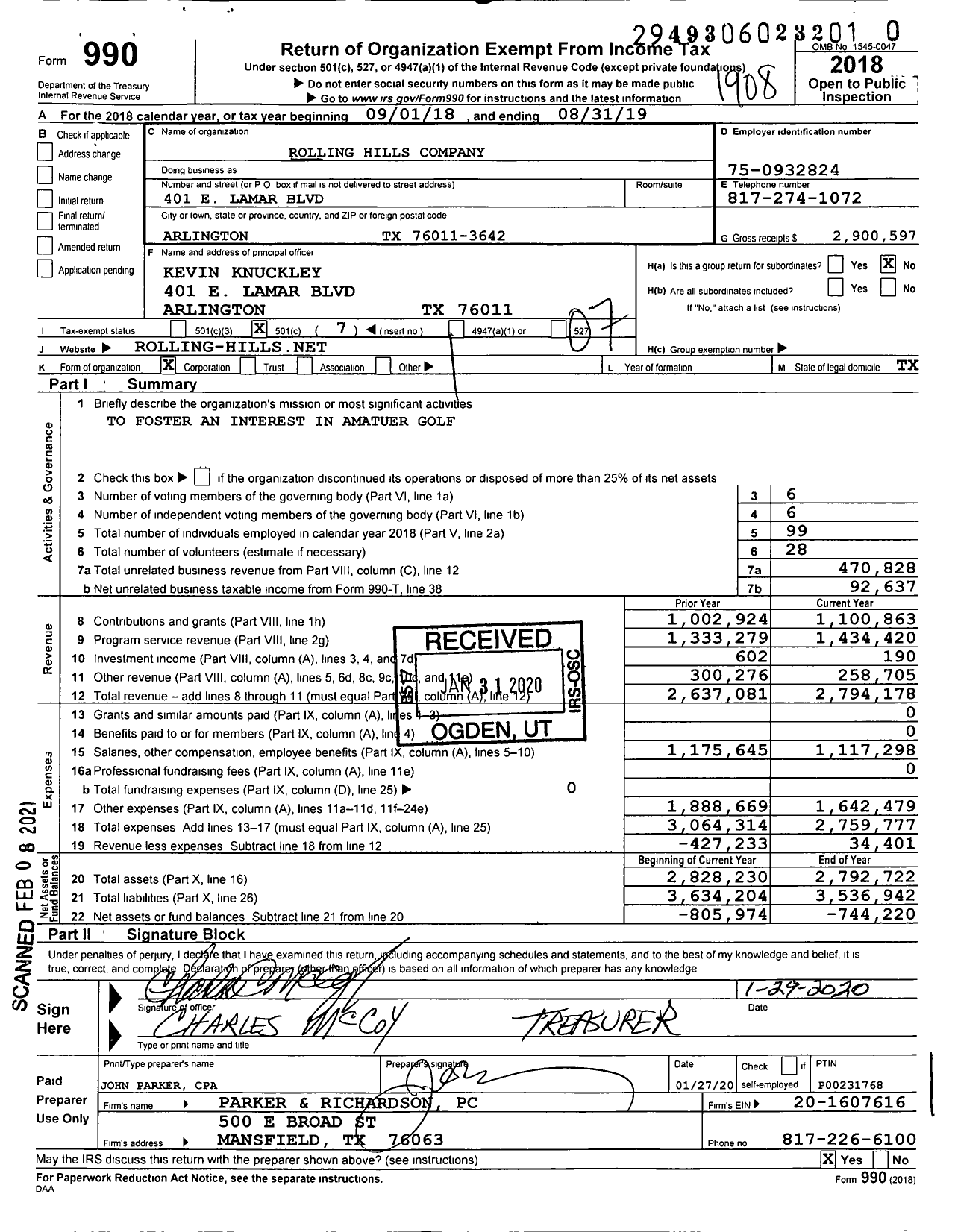 Image of first page of 2018 Form 990O for Rolling Hills Company