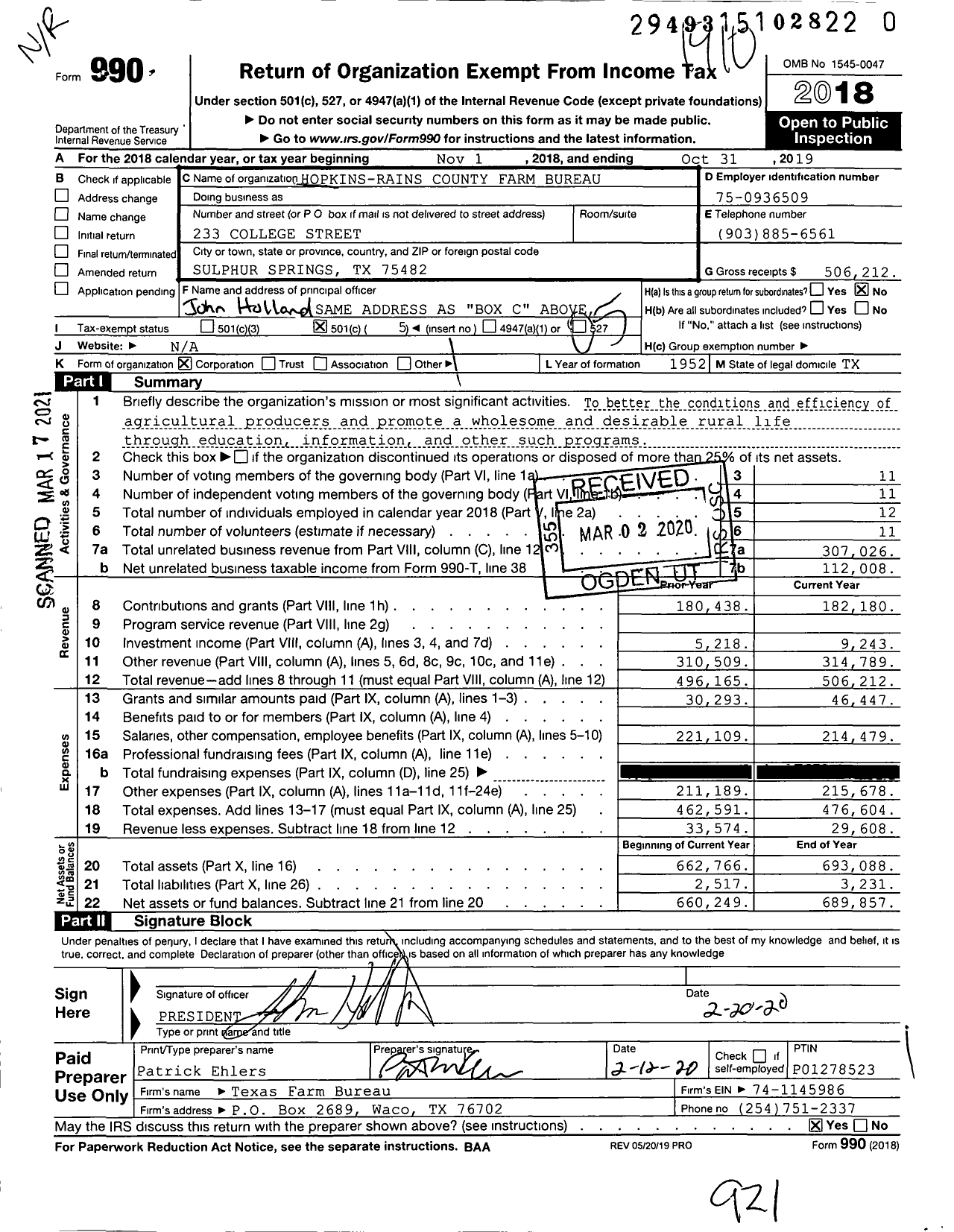 Image of first page of 2018 Form 990O for Hopkins-Rains County Farm Bureau