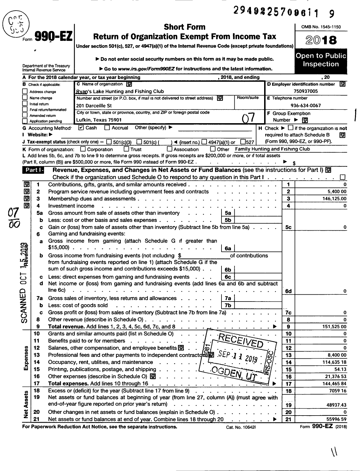 Image of first page of 2018 Form 990EO for Ryans Lake Hunting and Fishing Club