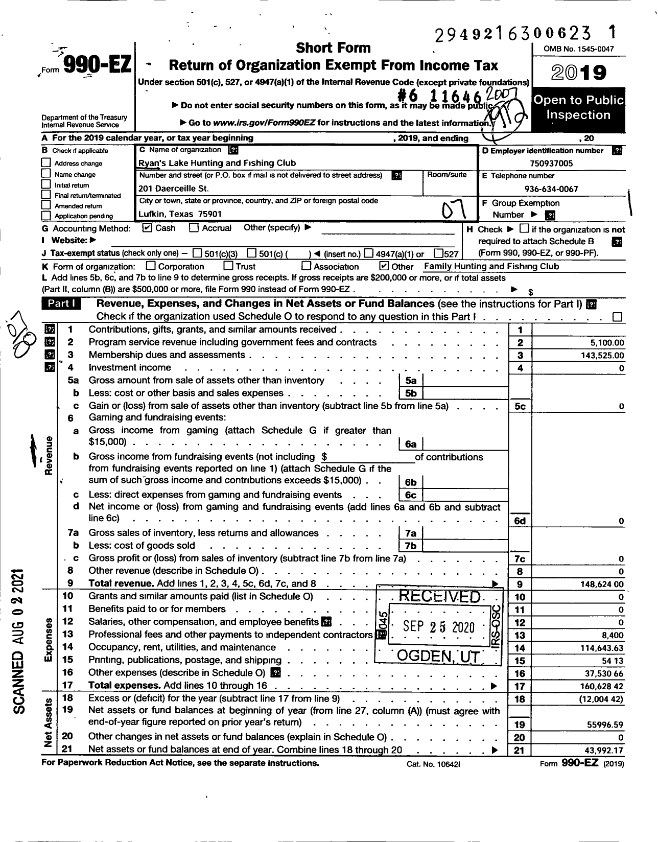 Image of first page of 2019 Form 990EO for Ryans Lake Hunting and Fishing Club