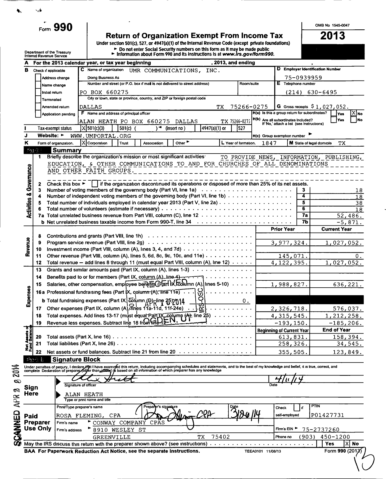 Image of first page of 2013 Form 990 for Umr Communications