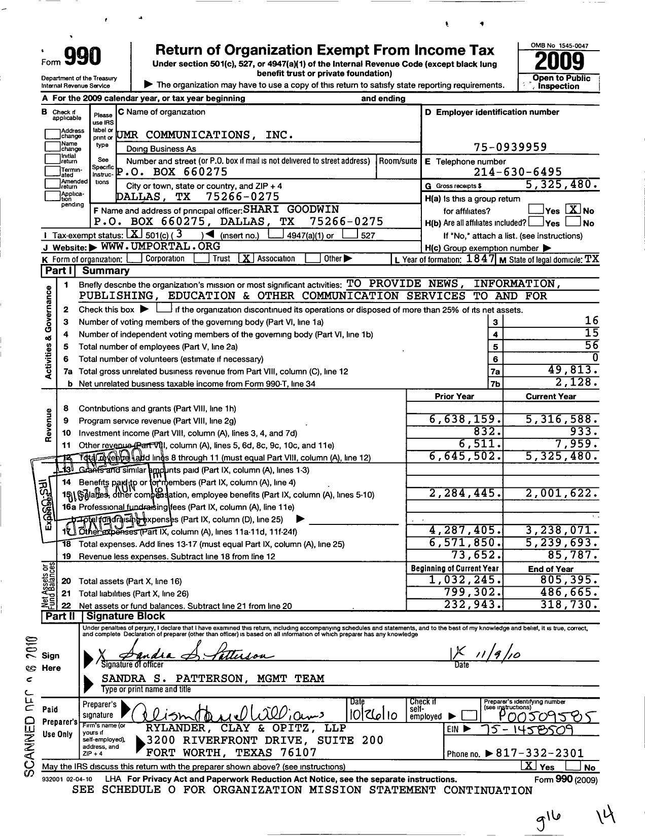 Image of first page of 2009 Form 990 for Umr Communications