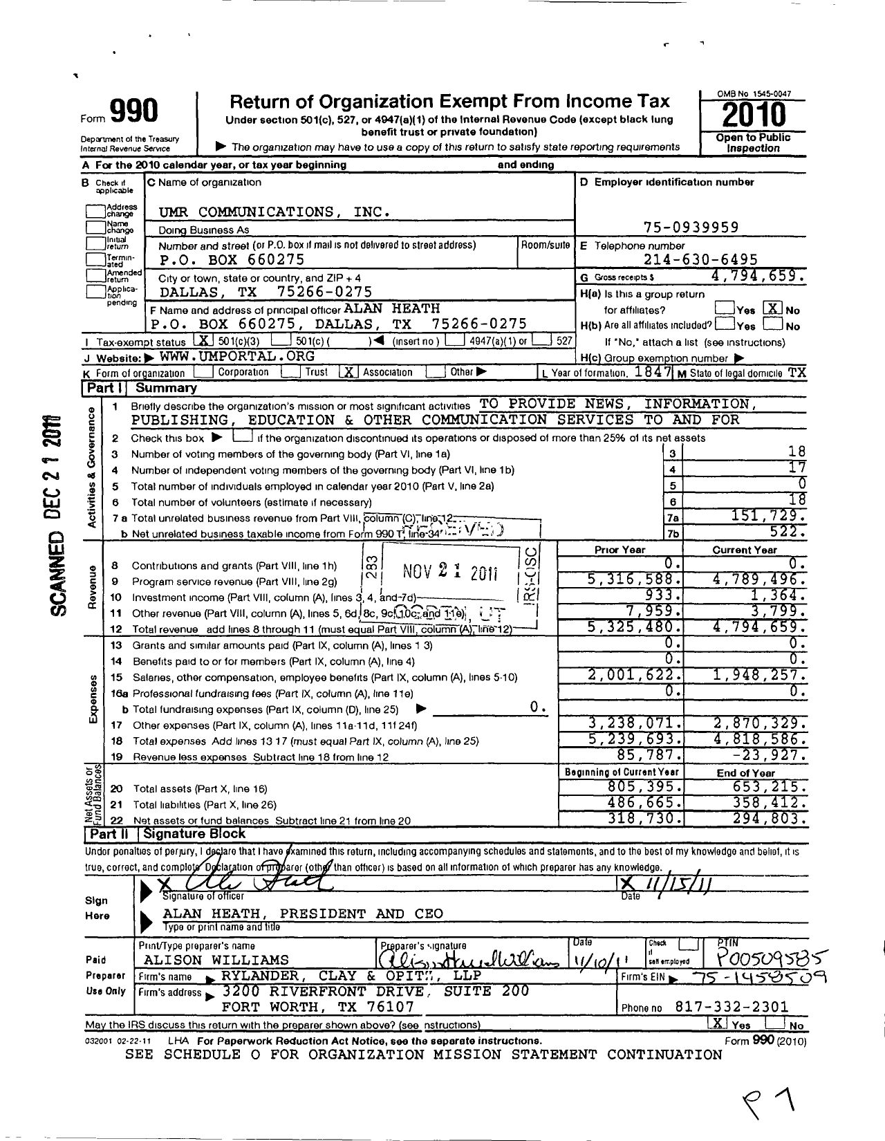 Image of first page of 2010 Form 990 for Umr Communications