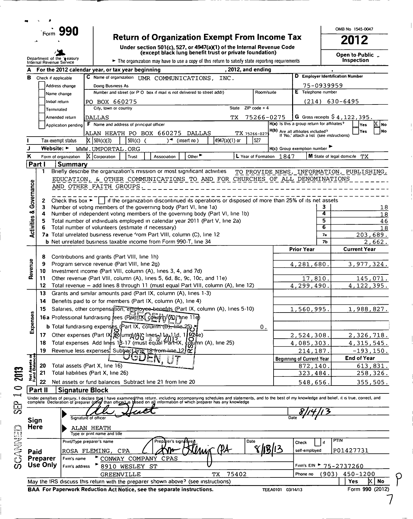 Image of first page of 2012 Form 990 for Umr Communications