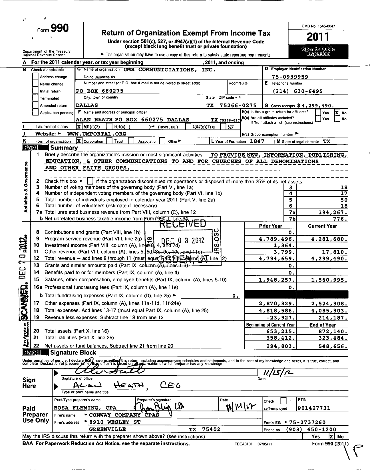 Image of first page of 2011 Form 990 for Umr Communications