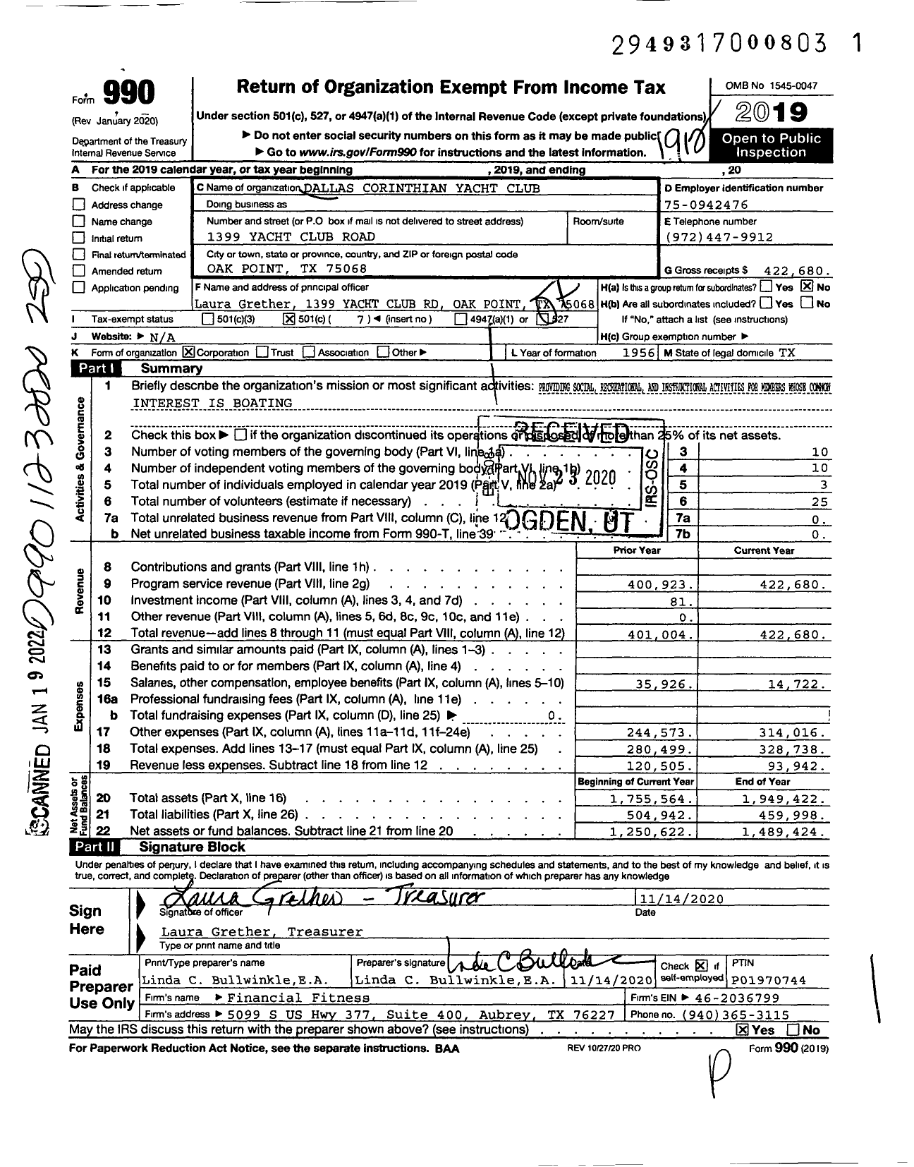 Image of first page of 2019 Form 990O for Dallas Corinthian Yacht Club