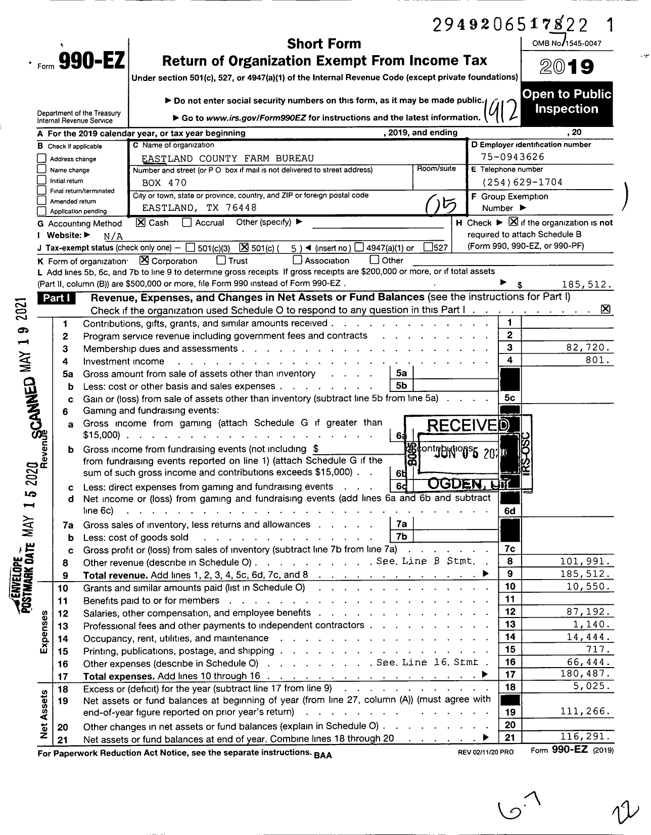 Image of first page of 2019 Form 990EO for Eastland County Farm Bureau