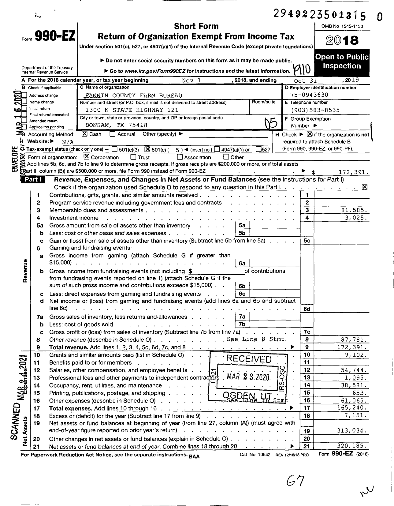 Image of first page of 2018 Form 990EO for Fannin County Farm Bureau