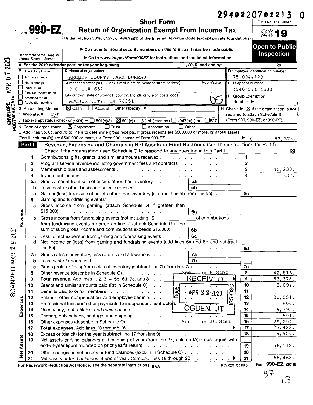 Image of first page of 2019 Form 990EO for Archer County Farm Bureau