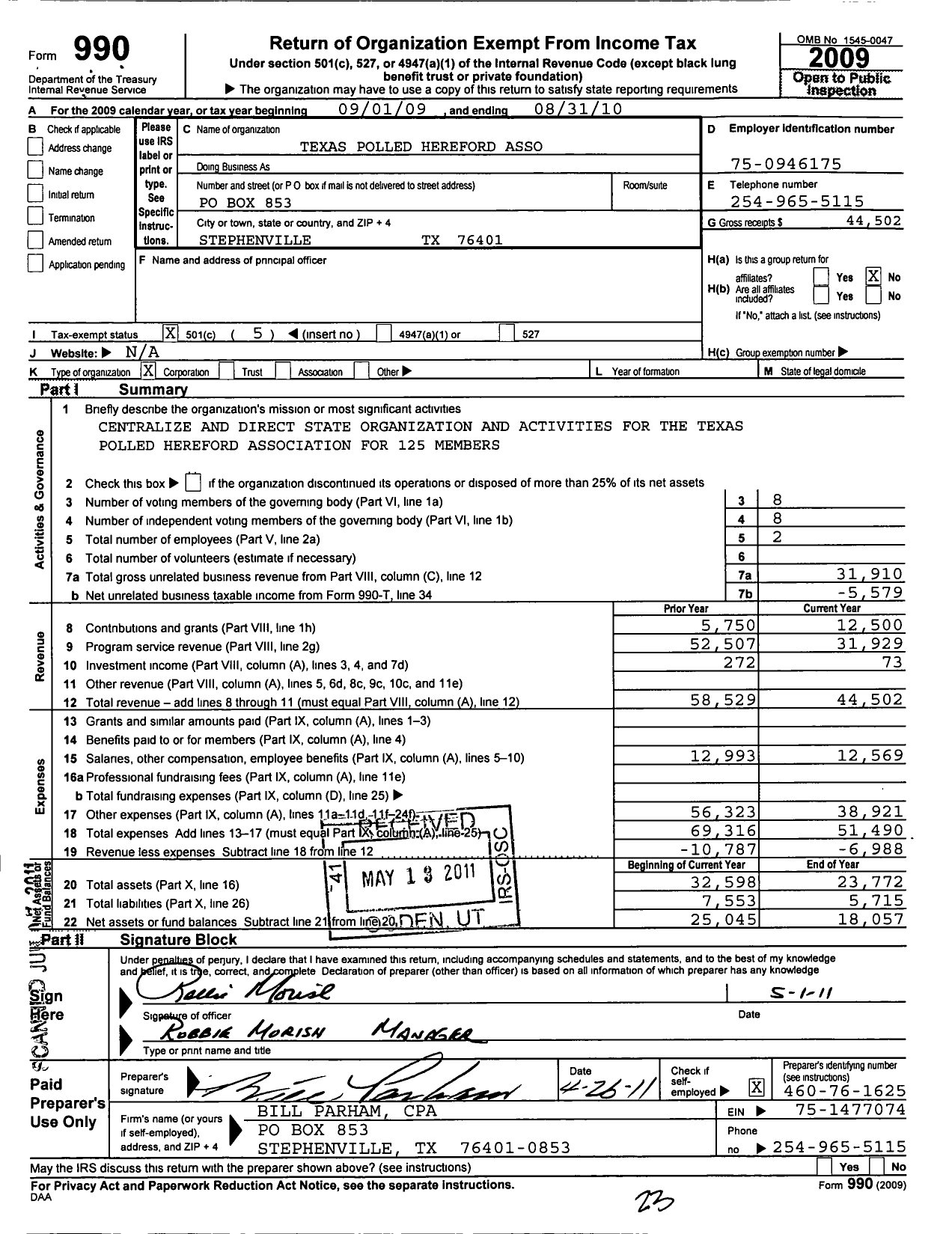 Image of first page of 2009 Form 990O for Texas Polled Hereford Association