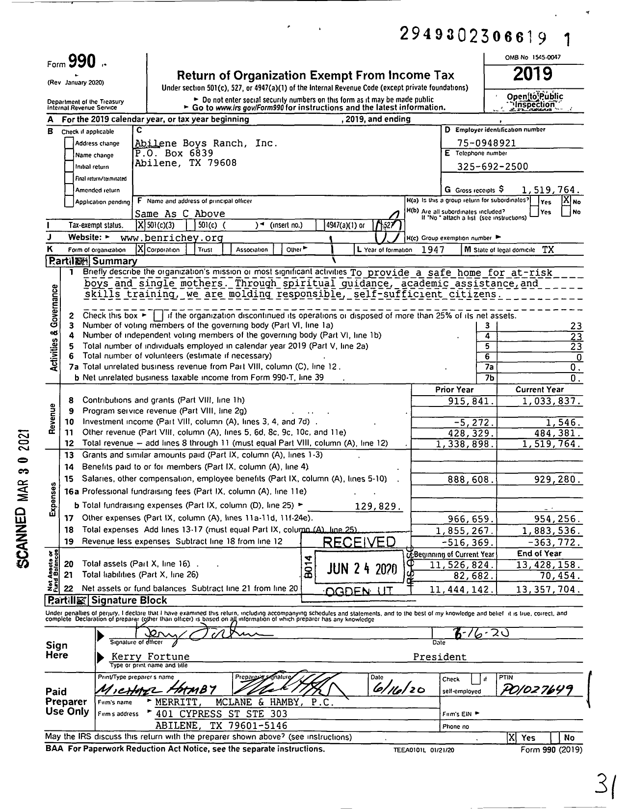 Image of first page of 2019 Form 990 for Abilene Boys Ranch