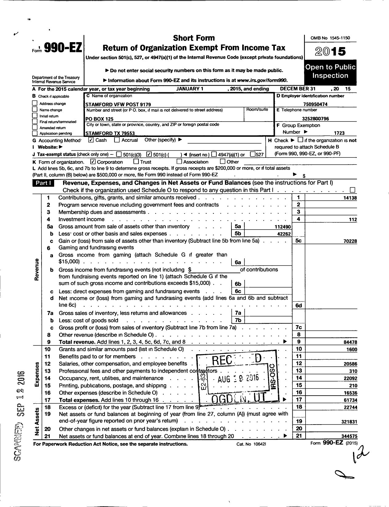 Image of first page of 2015 Form 990EO for Veterans of Foreign Wars Stamford Memorial Post No 9179