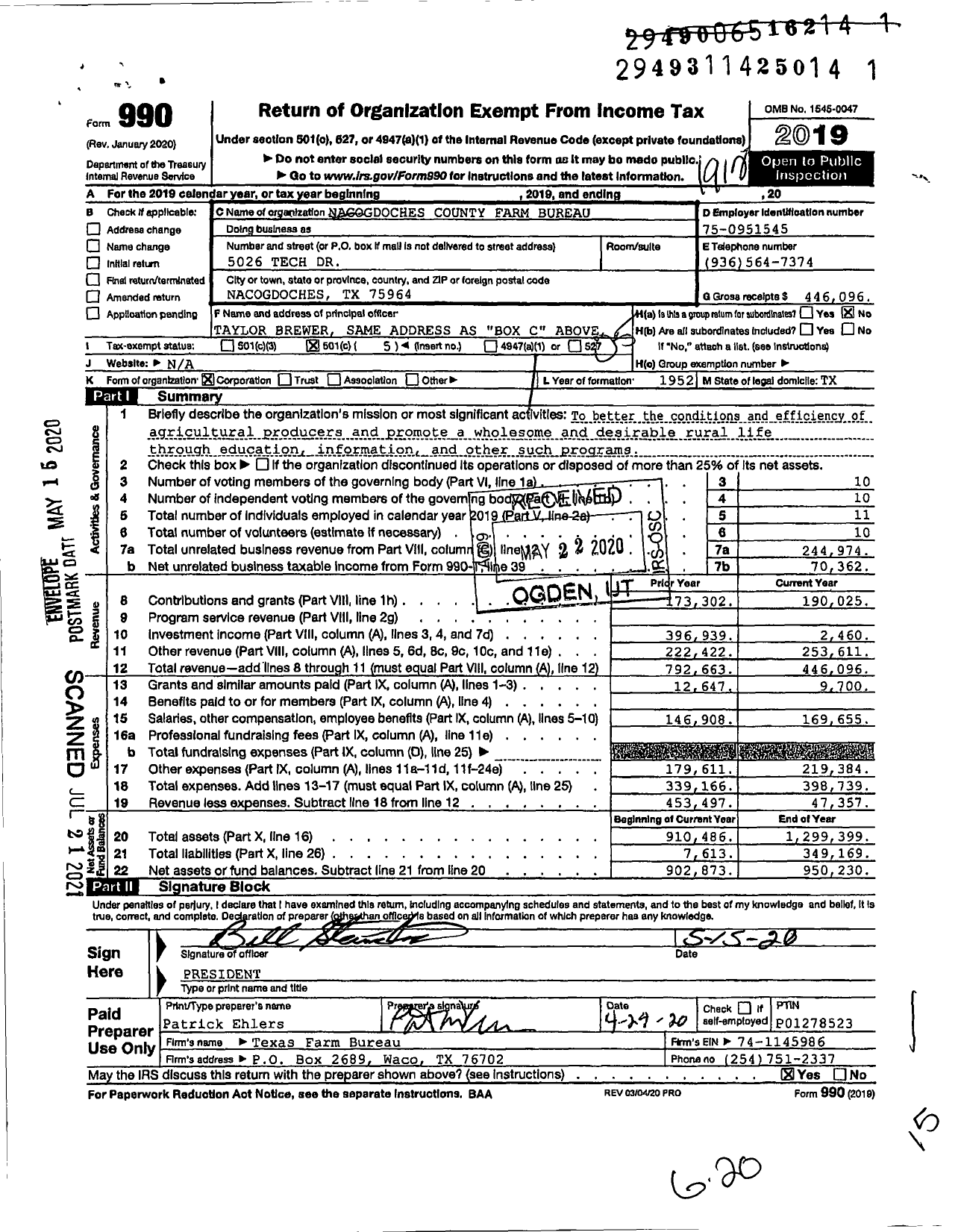 Image of first page of 2019 Form 990O for Nacogdoches County Farm Bureau