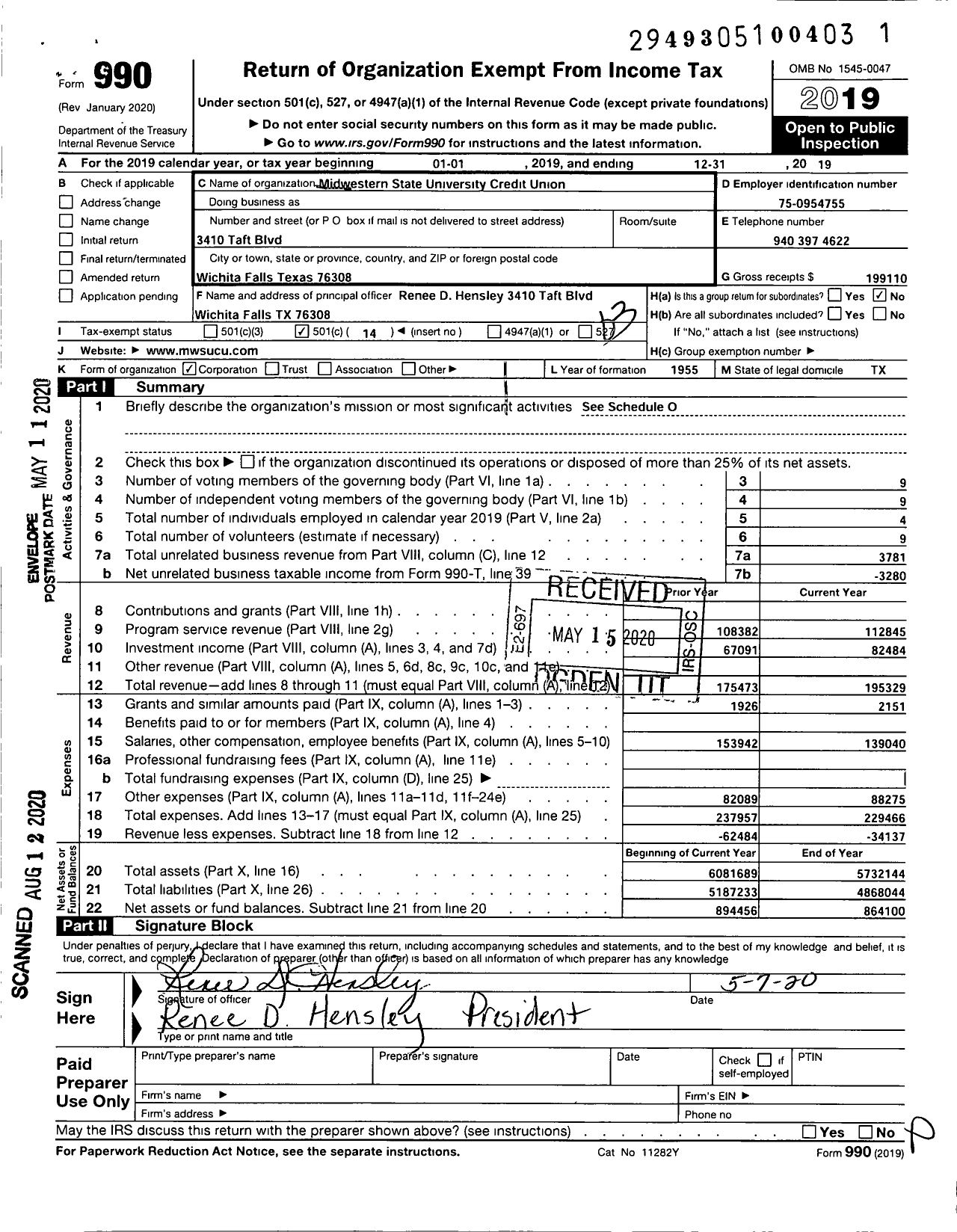 Image of first page of 2019 Form 990 for Midwestern State University Credit Union