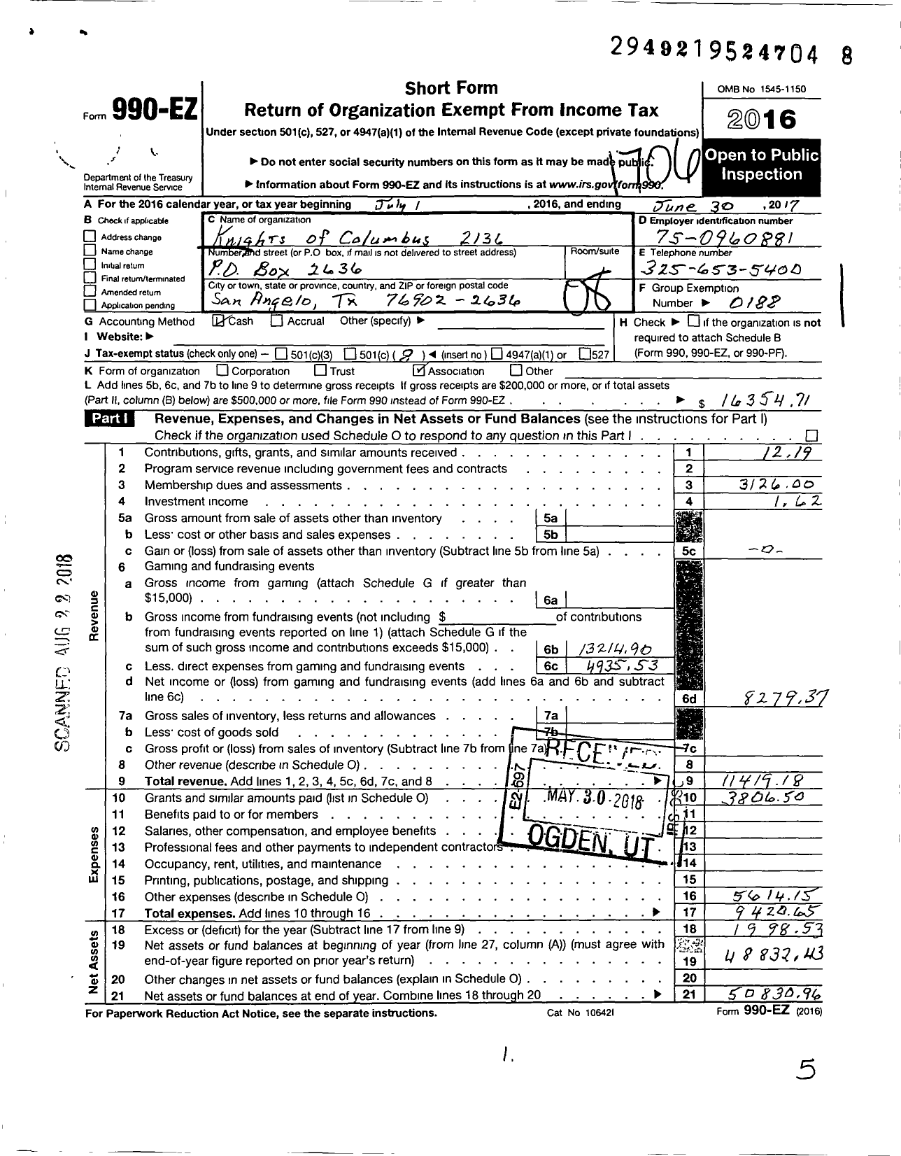 Image of first page of 2016 Form 990EO for Knights of Columbus 2136