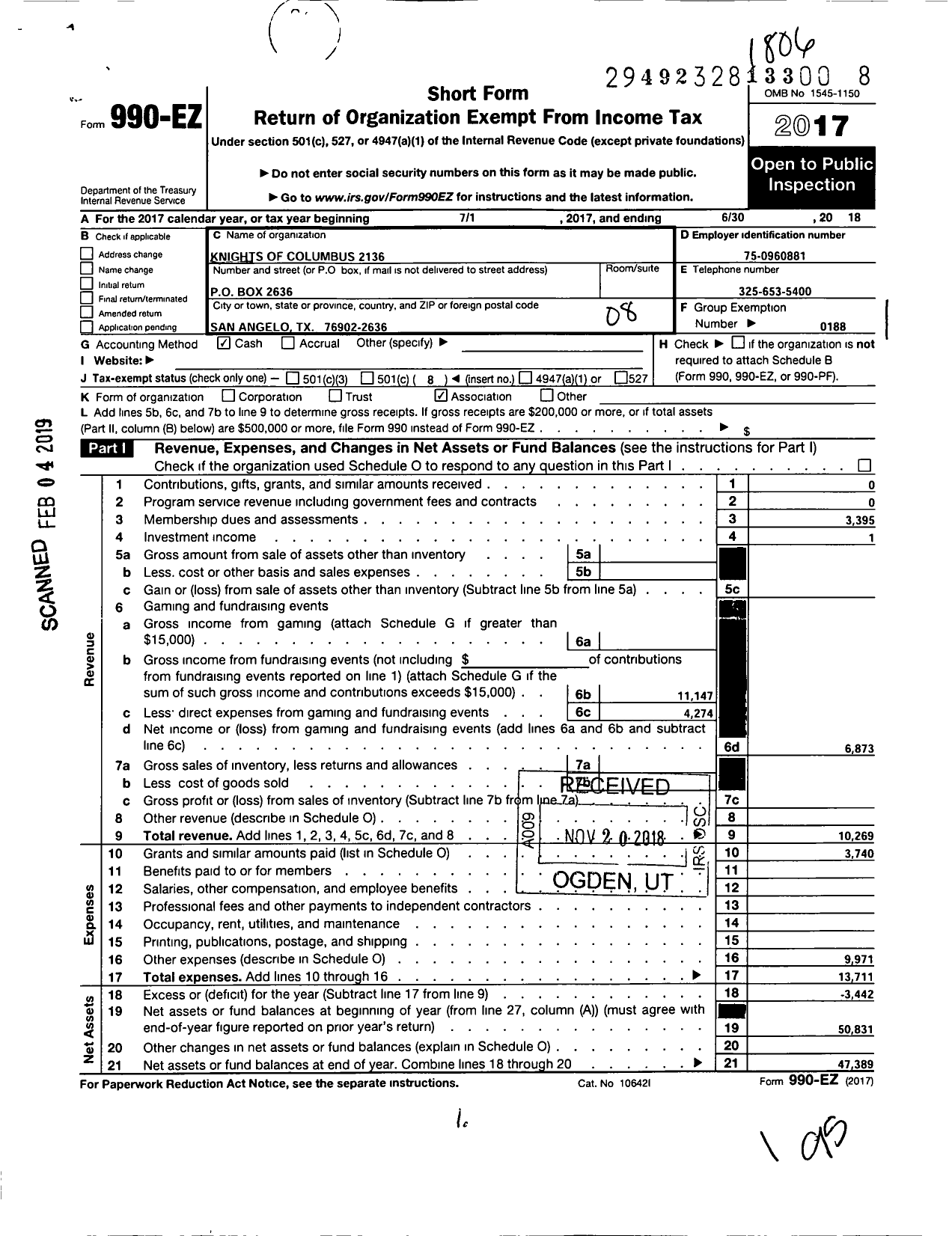 Image of first page of 2017 Form 990EO for Knights of Columbus 2136