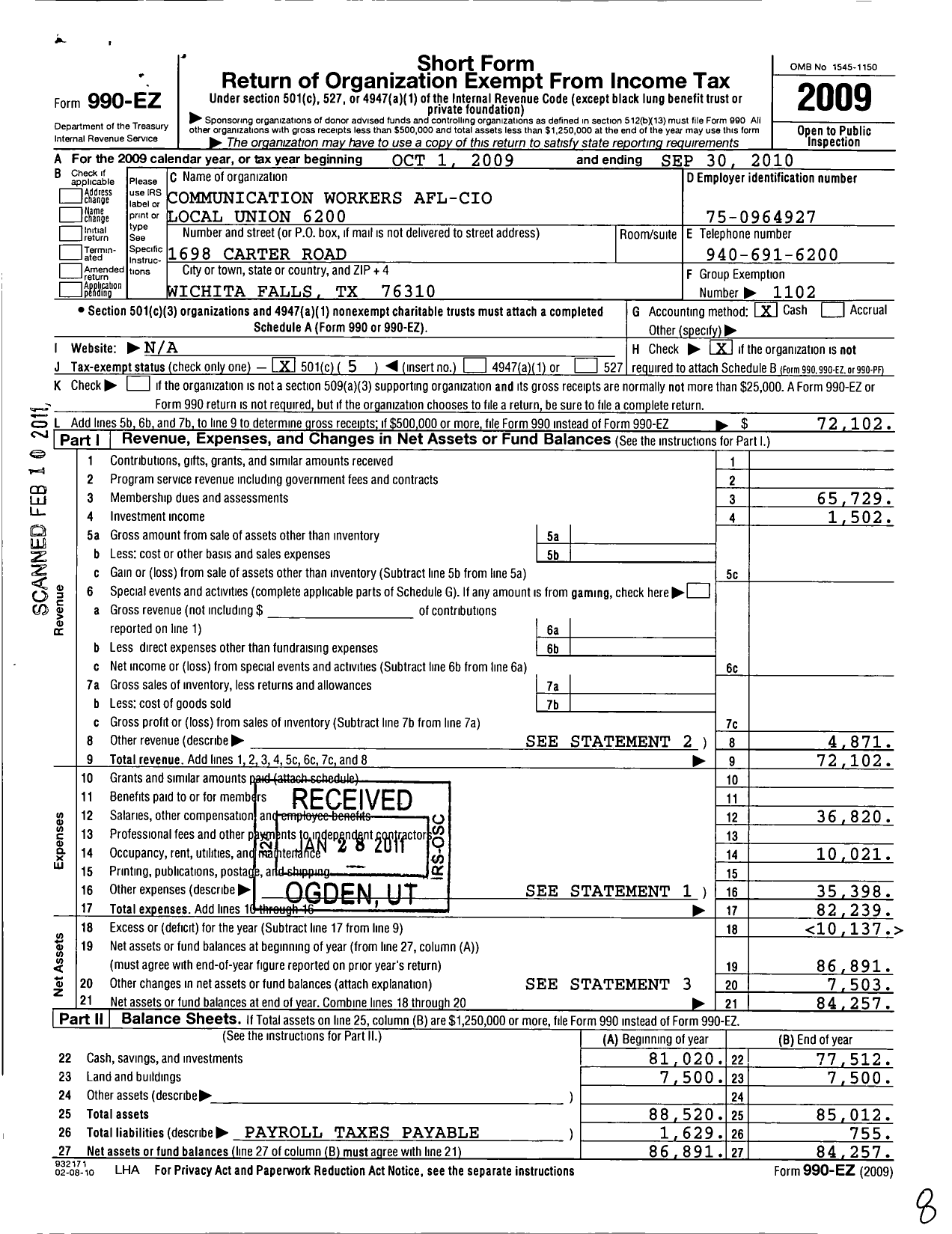 Image of first page of 2009 Form 990EO for Communications Workers of America Local 6200