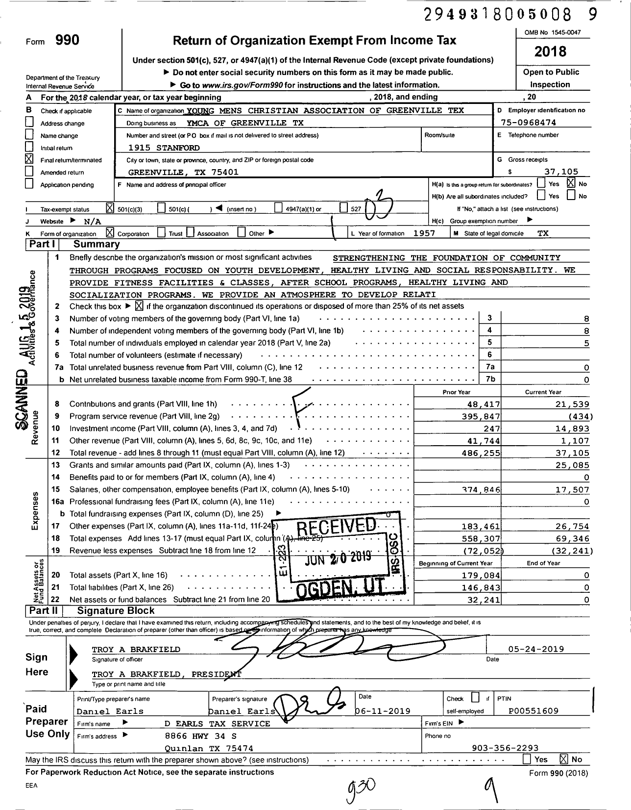 Image of first page of 2018 Form 990 for YMCA of Greenville and Hunt County