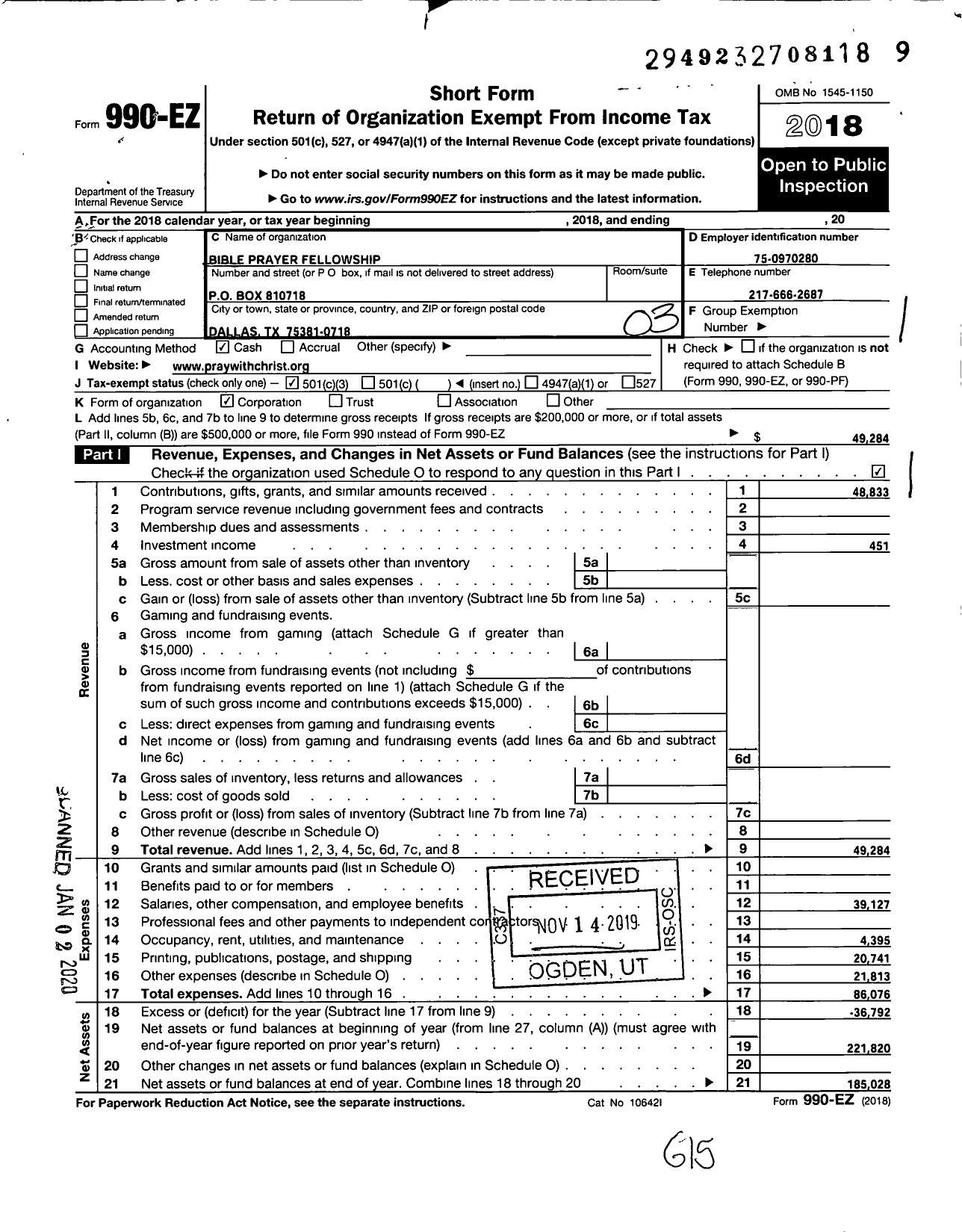 Image of first page of 2018 Form 990EZ for BIBLE PRAYER FELLOWSHIP Paradigm1