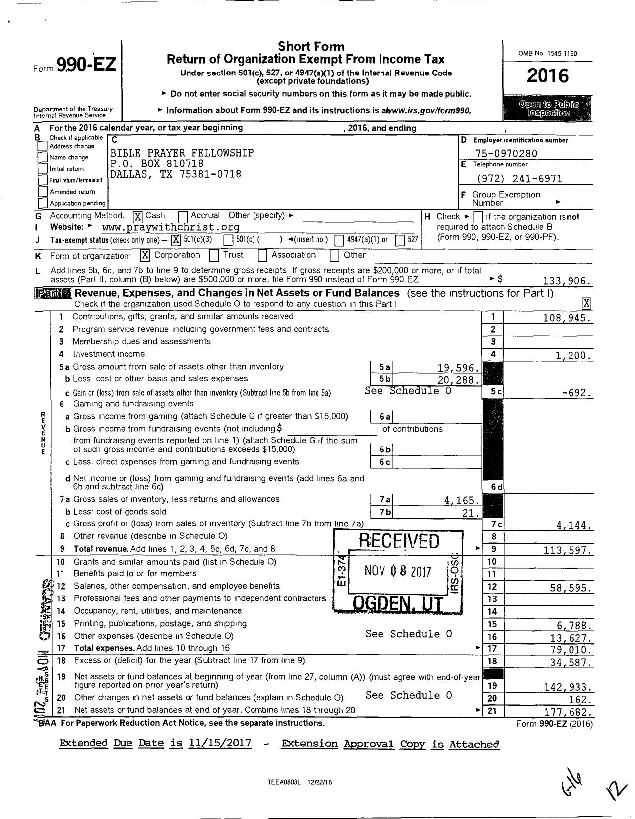 Image of first page of 2016 Form 990EZ for BIBLE PRAYER FELLOWSHIP Paradigm1