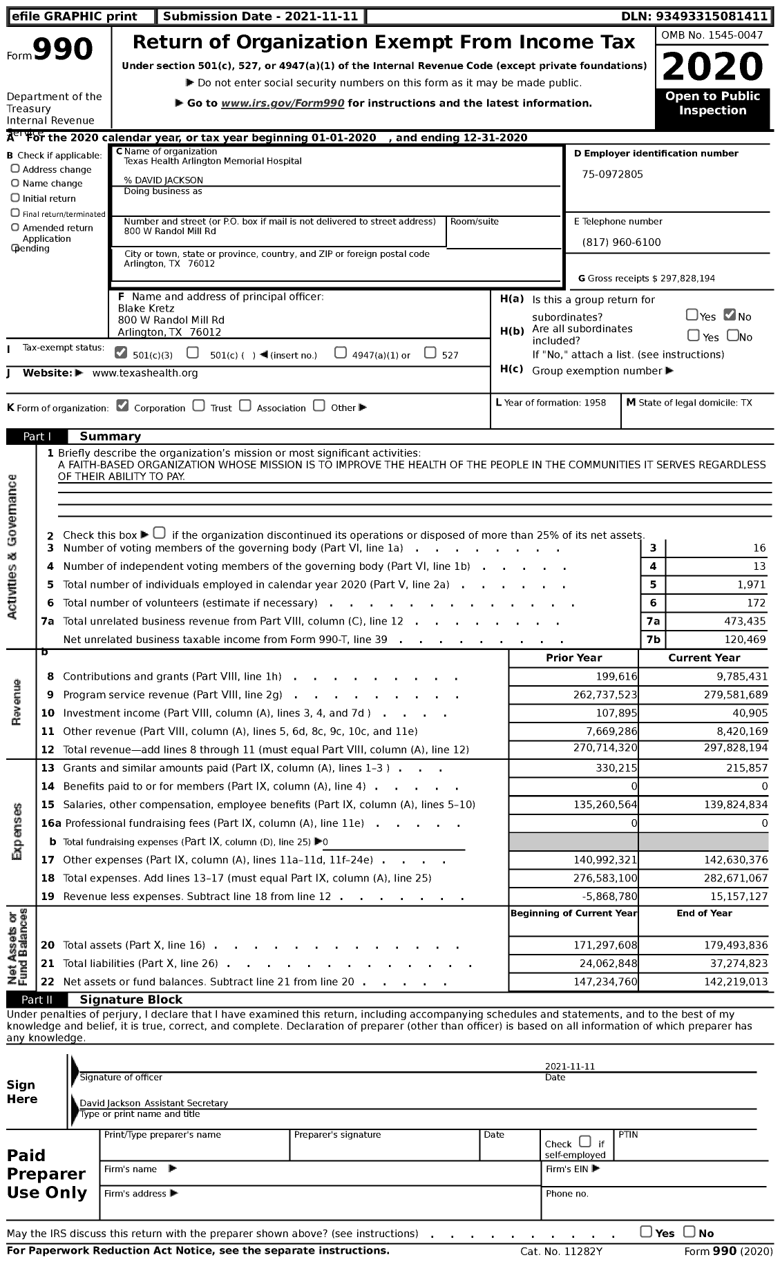 Image of first page of 2020 Form 990 for Texas Health Arlington Memorial Hospital