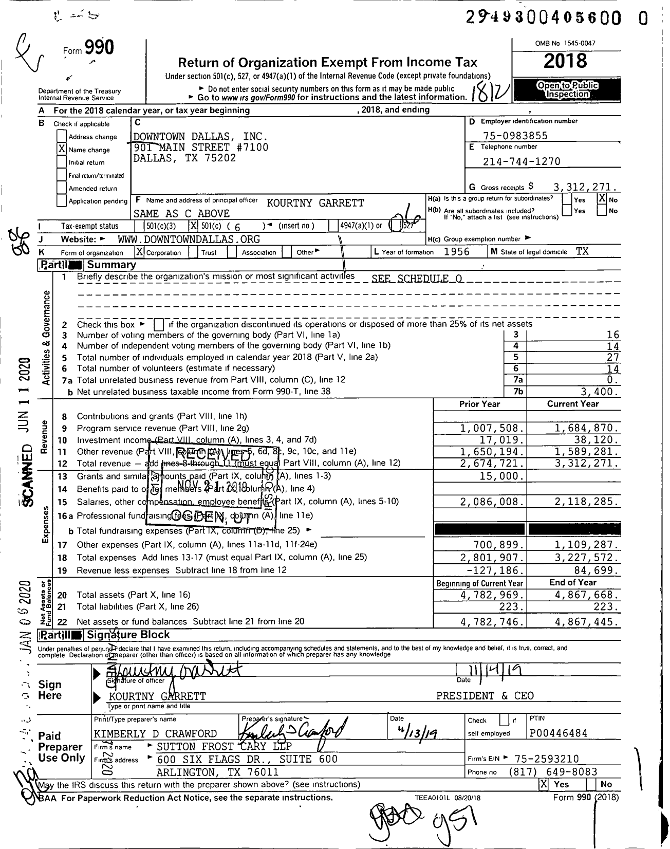 Image of first page of 2018 Form 990O for Downtown Dallas (DDI)
