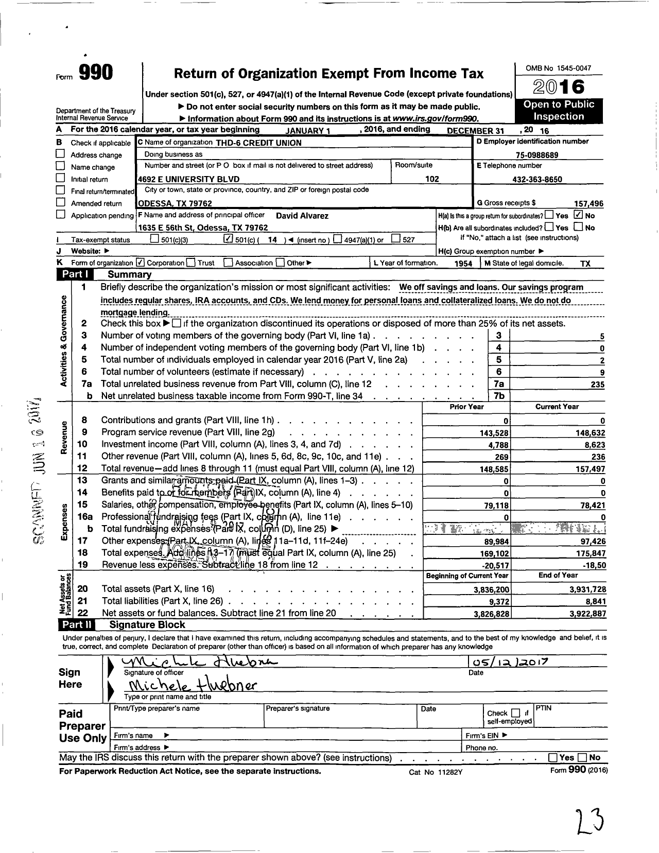 Image of first page of 2016 Form 990O for THD 6 Credit Union