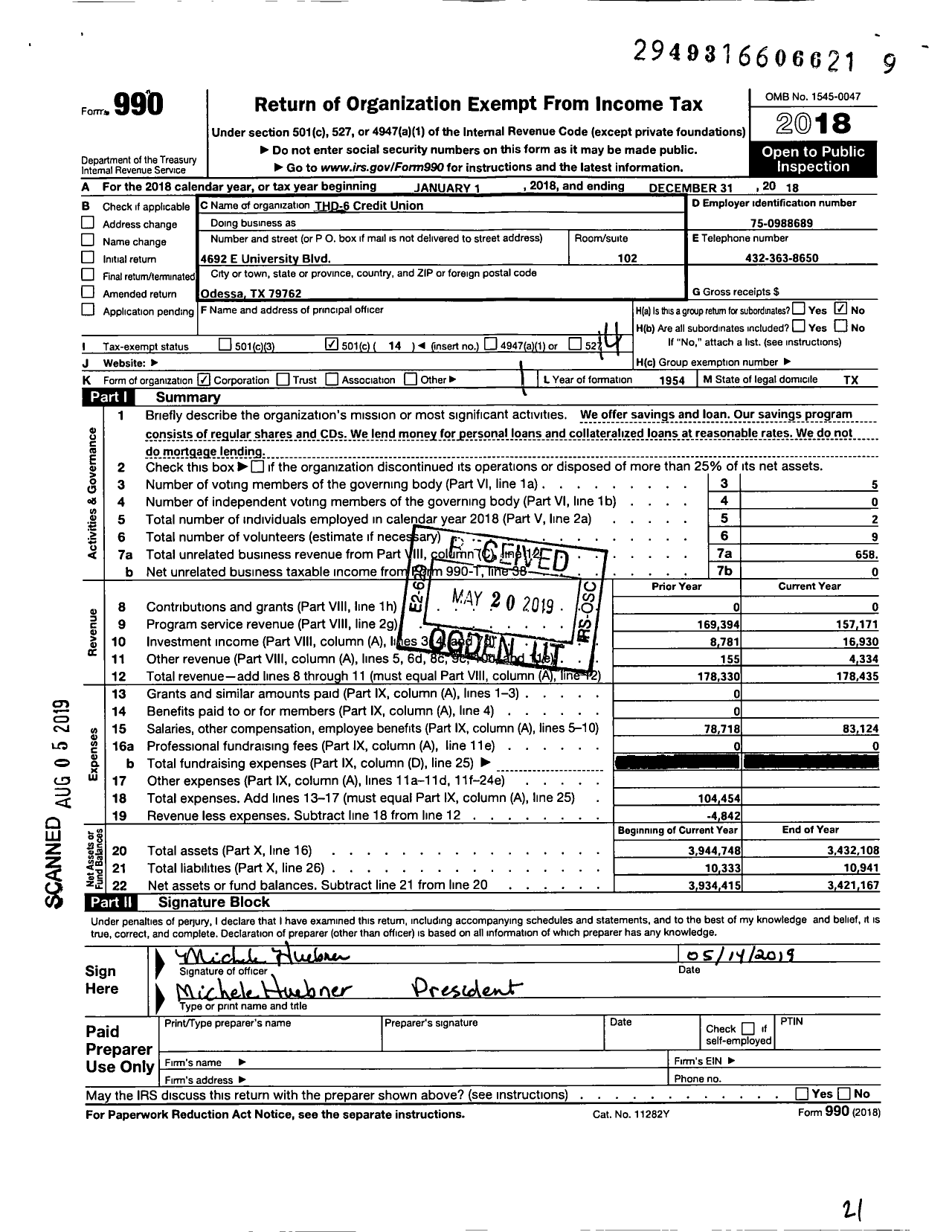 Image of first page of 2018 Form 990O for THD 6 Credit Union