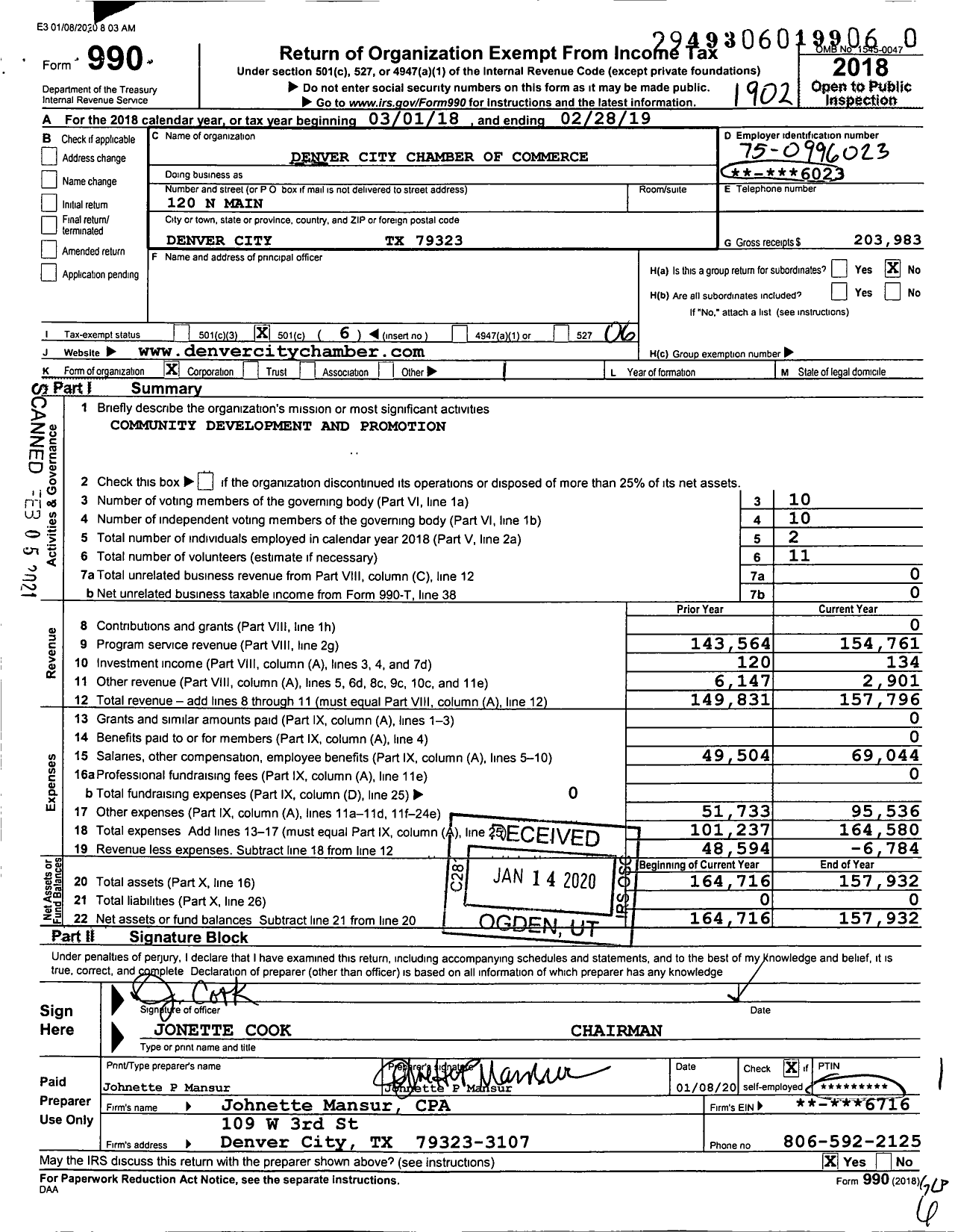 Image of first page of 2018 Form 990O for Denver City Chamber of Commerce