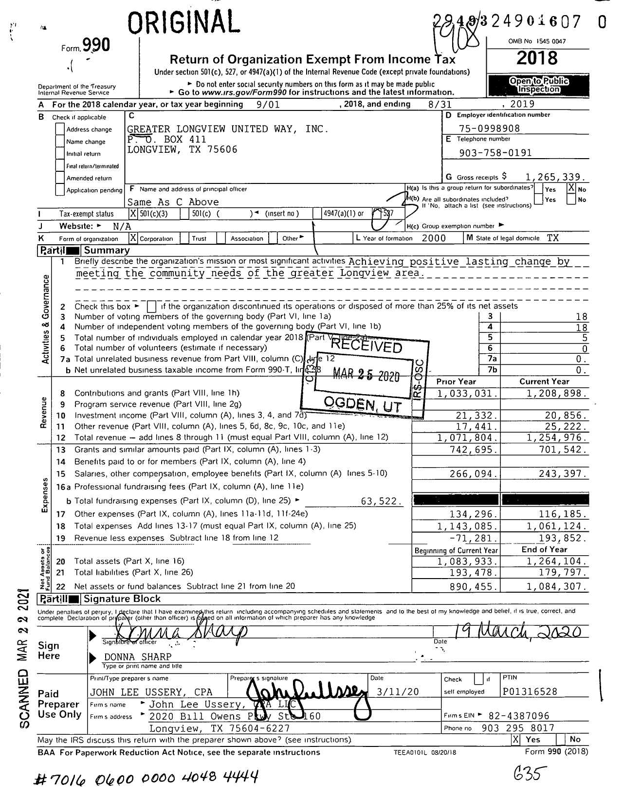 Image of first page of 2018 Form 990 for Greater Longview United Way