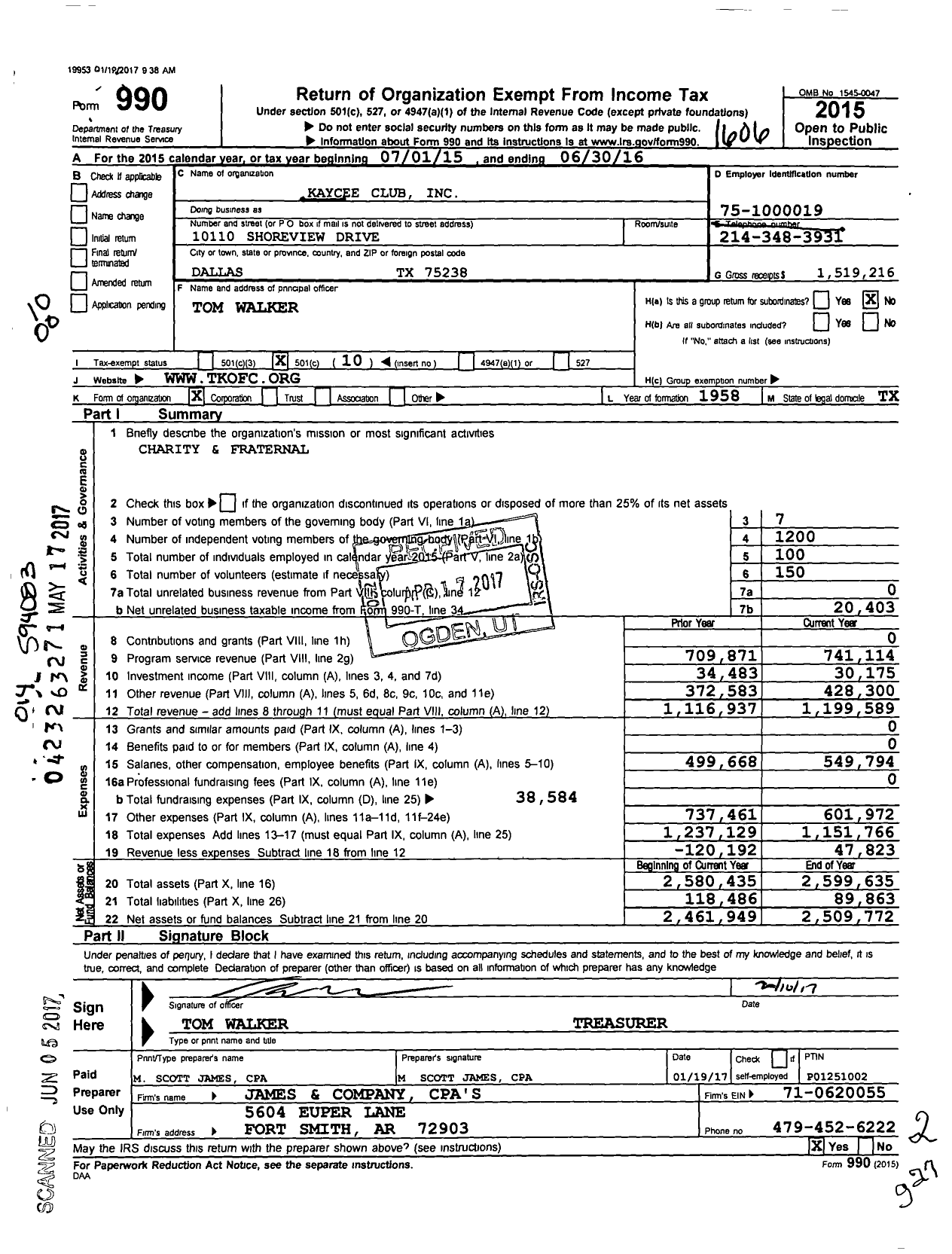 Image of first page of 2015 Form 990O for Kaycee Club